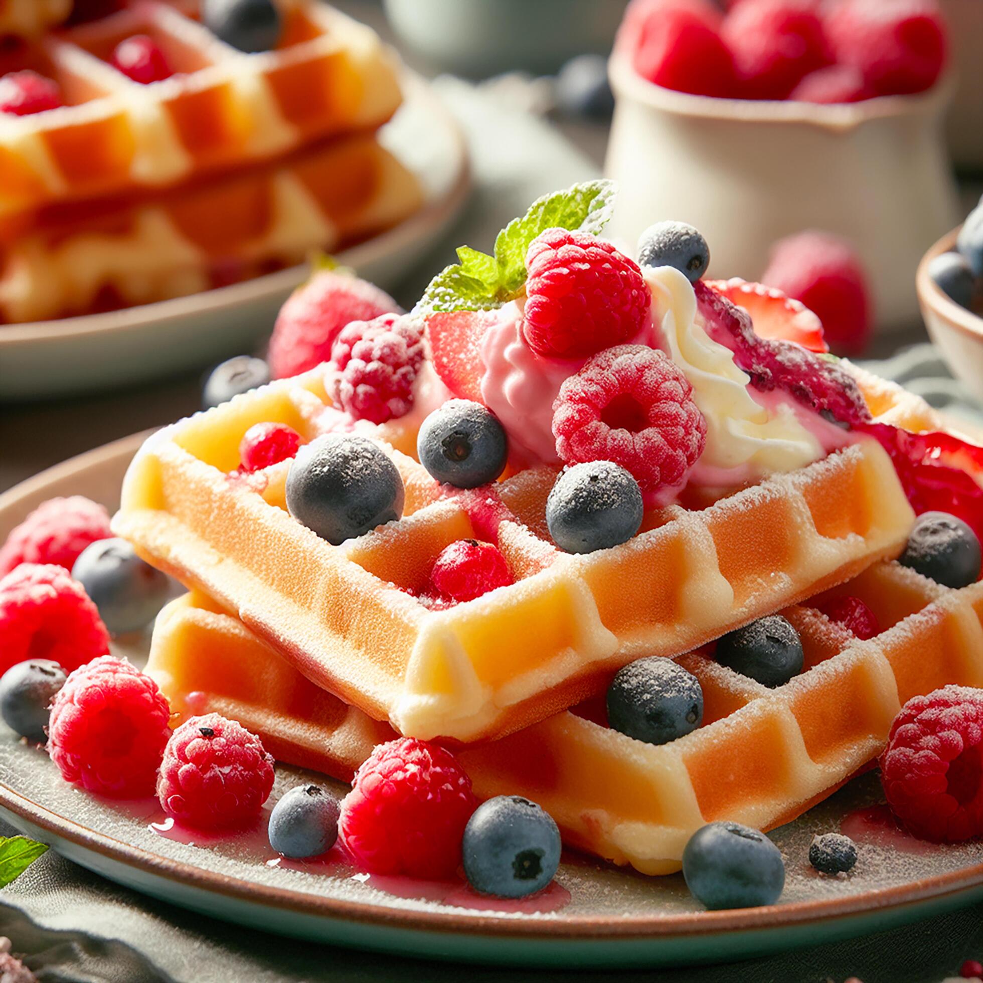 Ai-generated-viennese-waffles-a-sweet-breakfast-dessert-perfect-for-kids-dive-into-the-close-up-view-of-belgian-waffles-topped-with-fresh-berries-free-photo