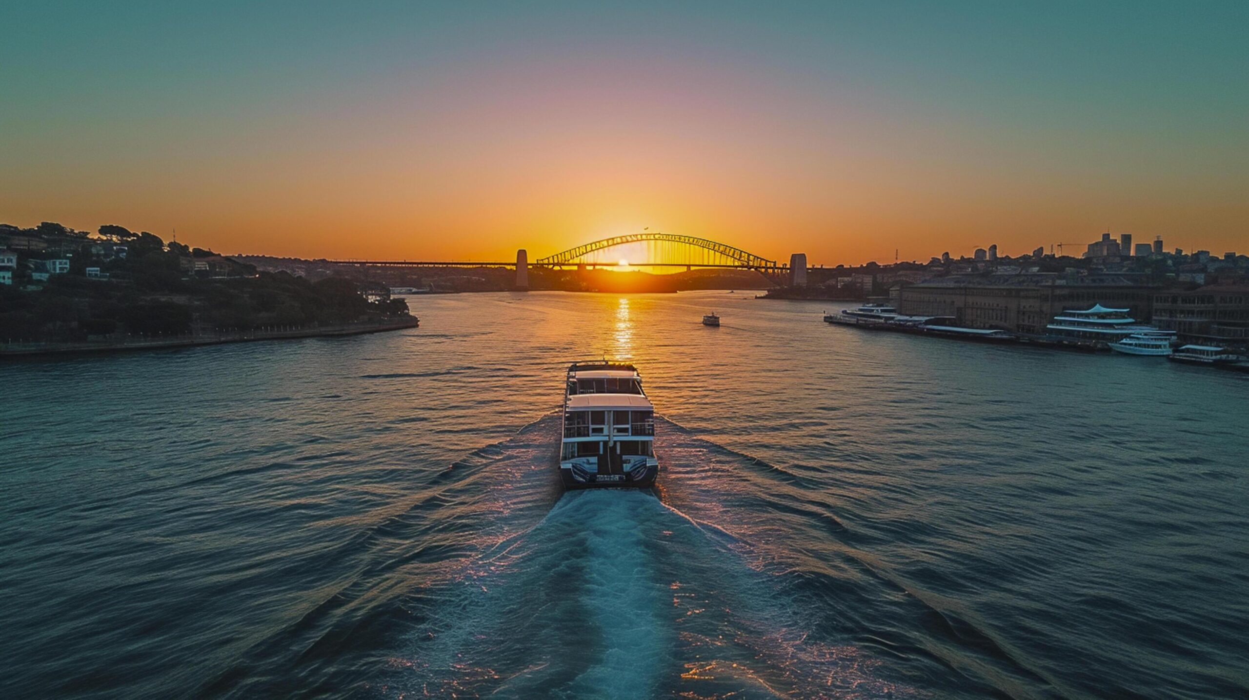 Ai-generated-view-of-a-boat-crossing-a-river-with-a-suspension-bridge-spanning-it-at-sunset-ai-generated-free-photo