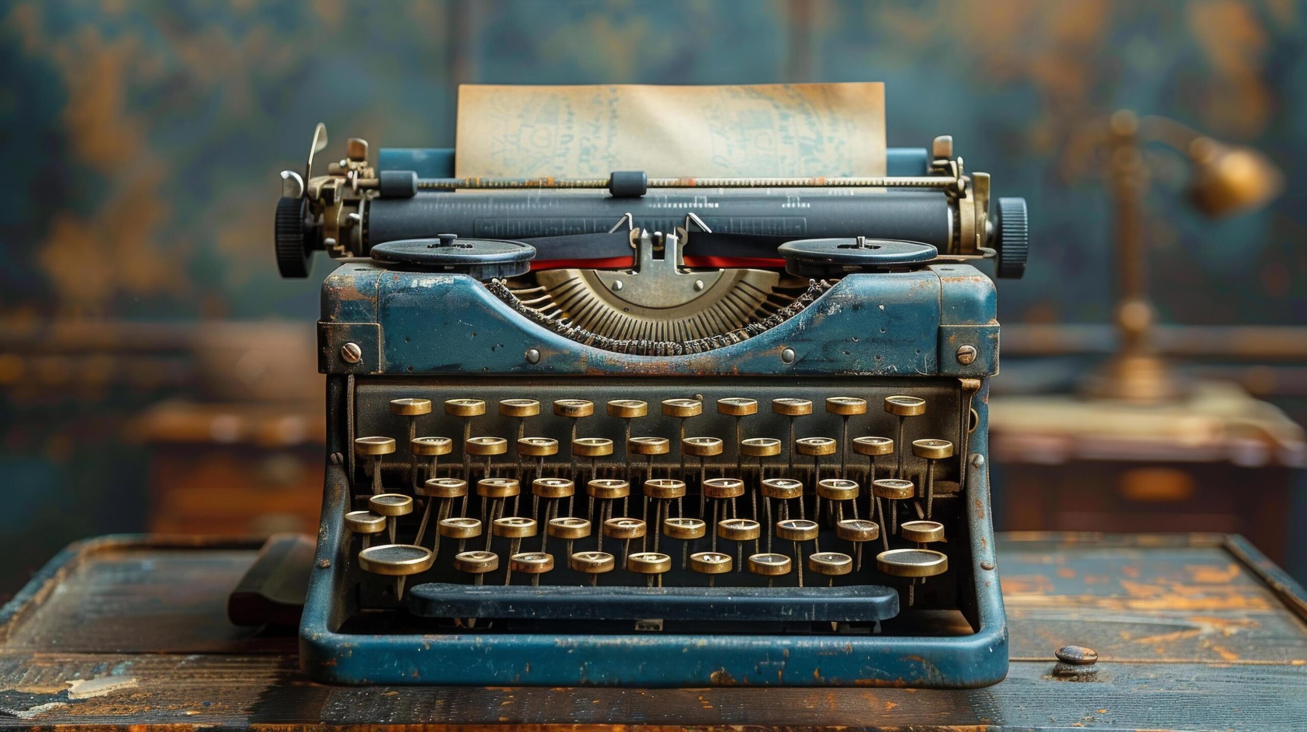 Ai-generated-vintage-blue-typewriter-on-wooden-table-free-photo