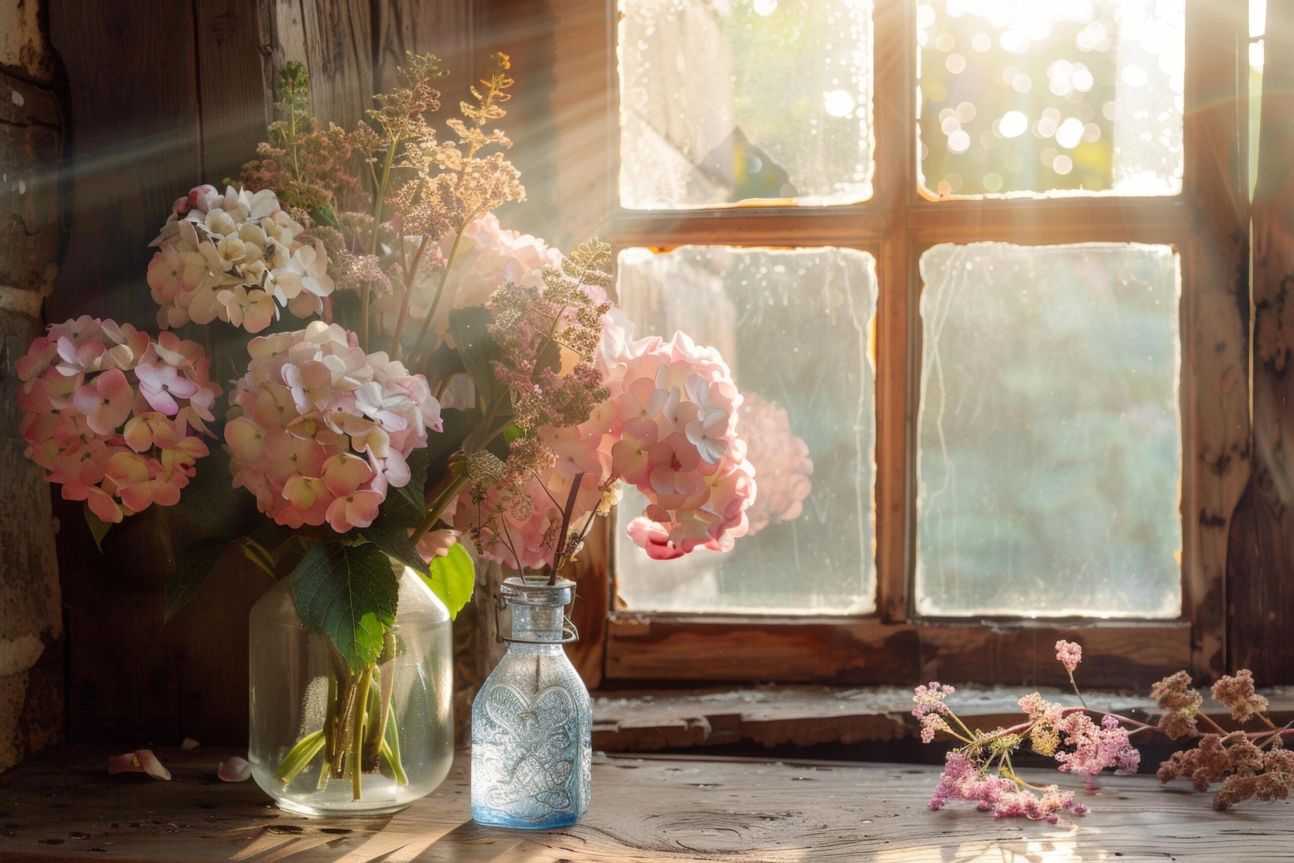 Ai-generated-vintage-hydrangea-arrangement-in-sunlit-room-free-photo