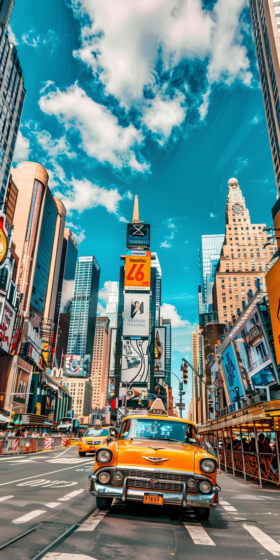 Ai-generated-vintage-yellow-taxi-in-busy-city-street-free-photo