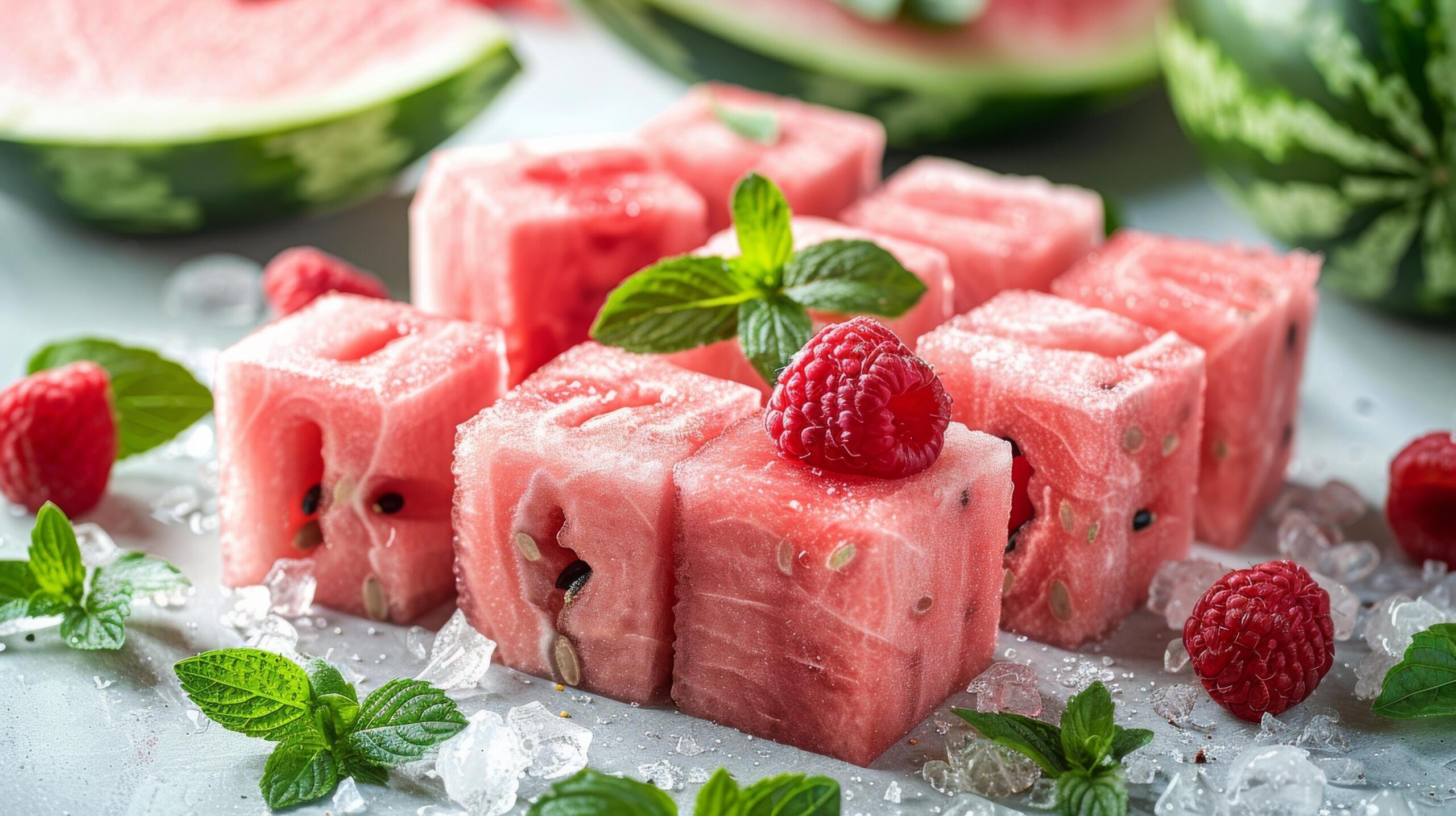 Ai-generated-watermelon-cubes-with-mint-and-raspberries-on-ice-free-photo