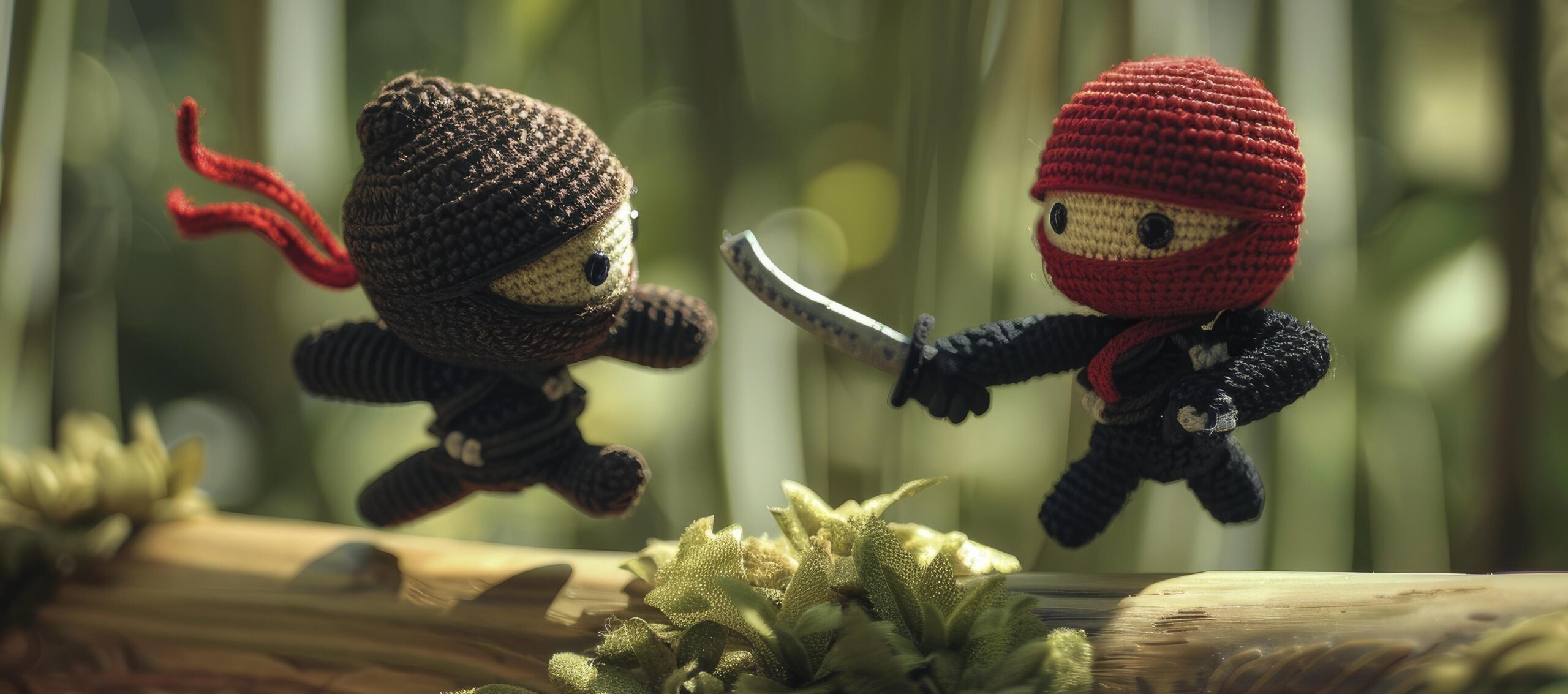 Ai-generated-whimsical-adventure-ninja-themed-amigurumi-characters-embark-on-an-epic-journey-dynamic-poses-and-dramatic-lighting-create-a-playful-scene-in-top-down-shot-free-photo
