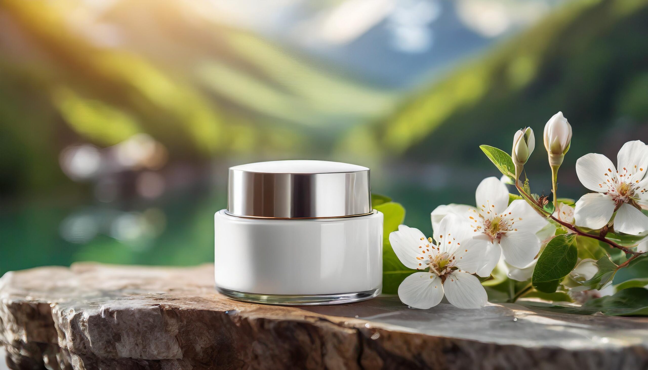 Ai-generated-white-blank-cosmetics-mockup-with-flowers-and-leaves-free-photo