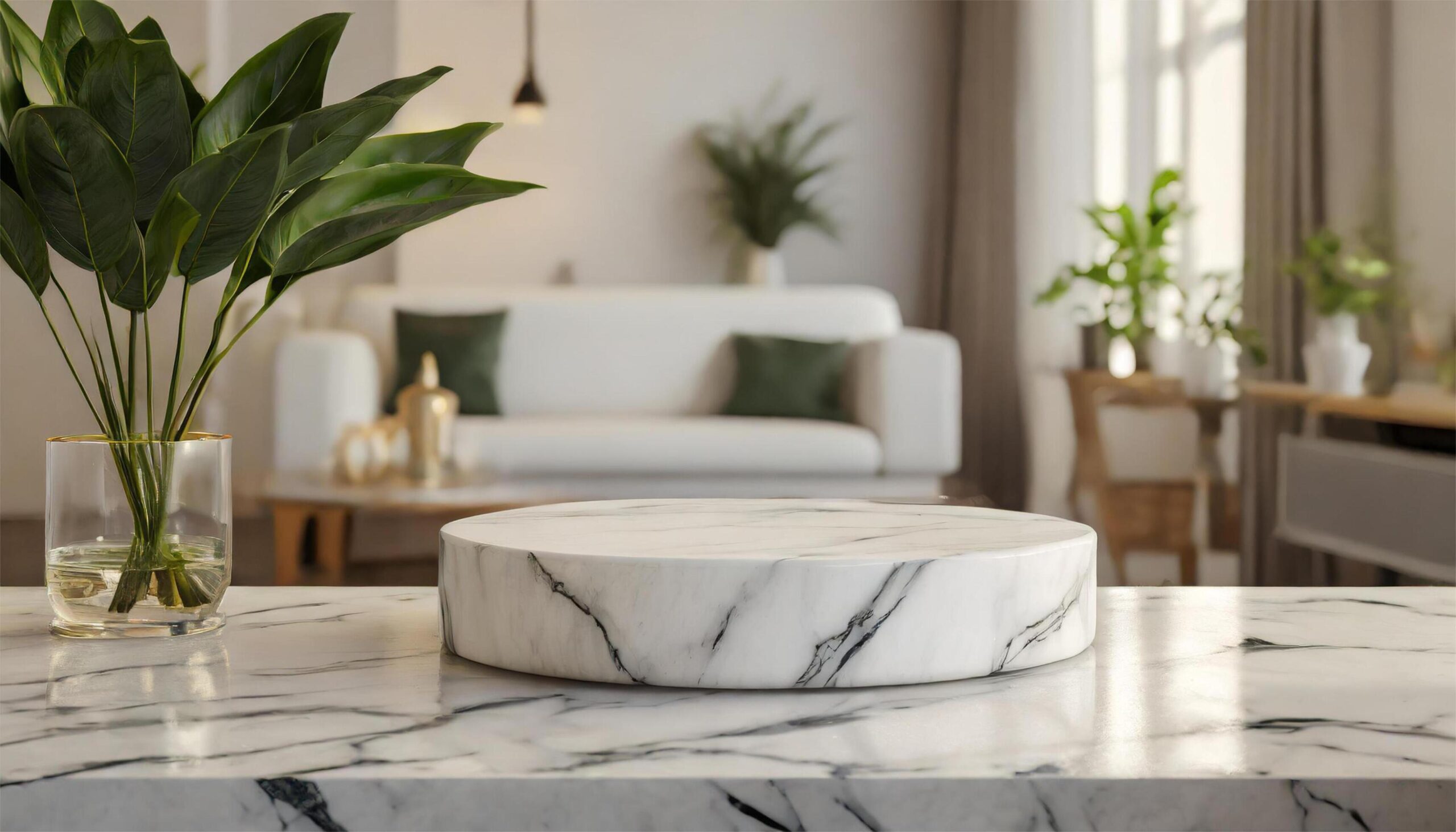 Ai-generated-white-marble-podium-table-in-modern-living-room-mockup-for-design-free-photo