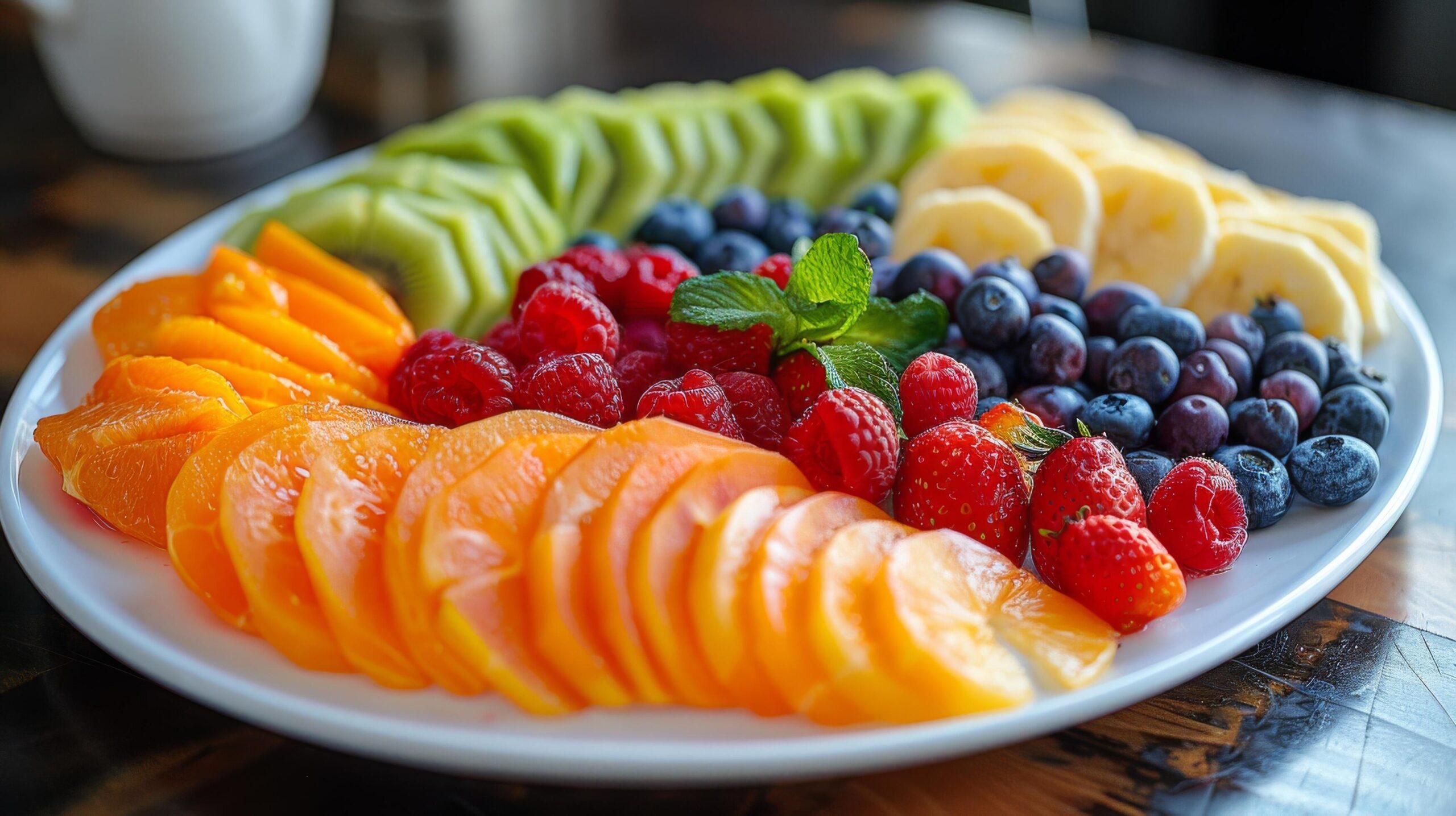 Ai-generated-white-plate-overflowing-with-assorted-fresh-fruit-free-photo