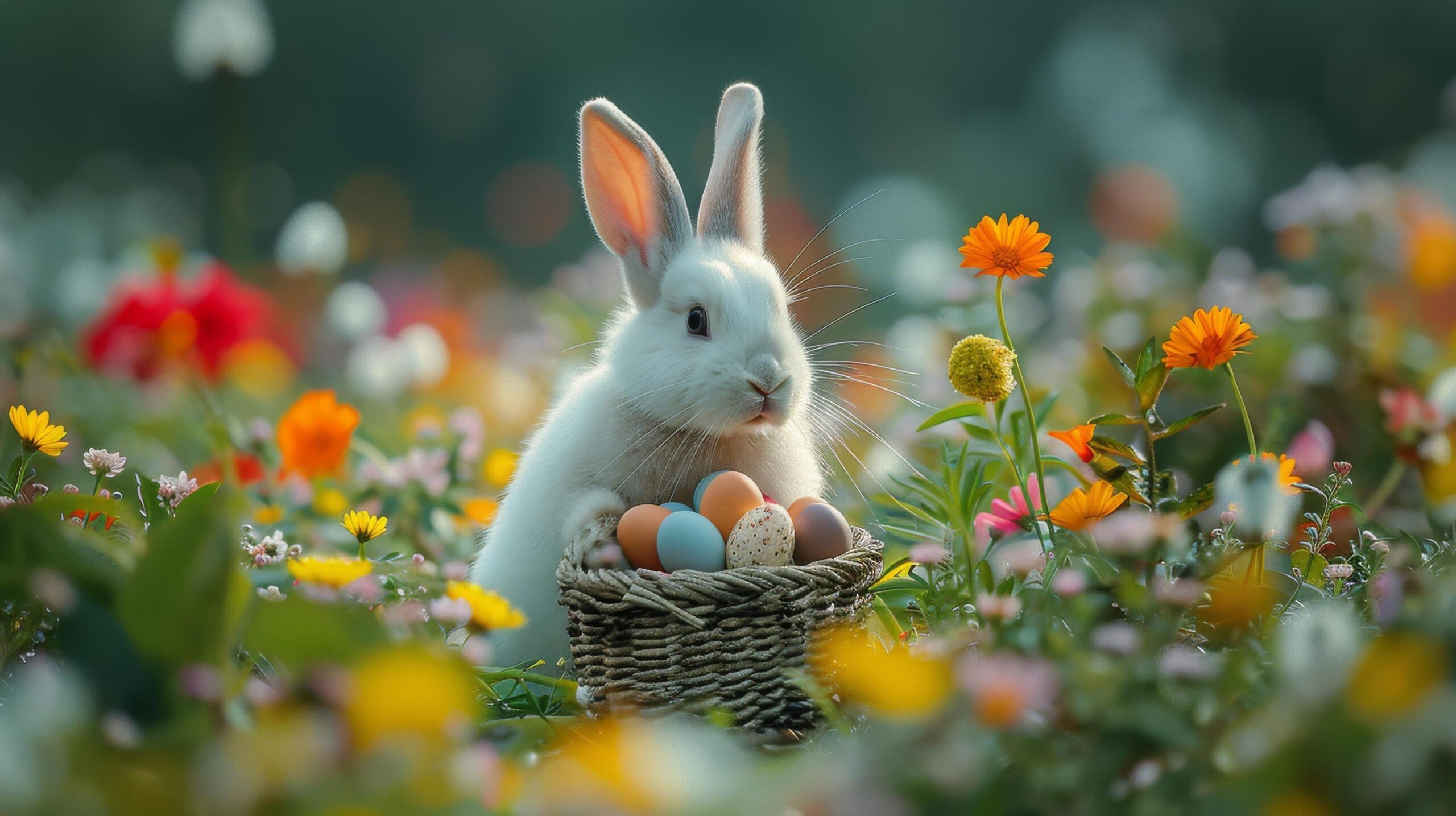 Ai-generated-white-rabbit-sitting-in-basket-with-eggs-free-photo