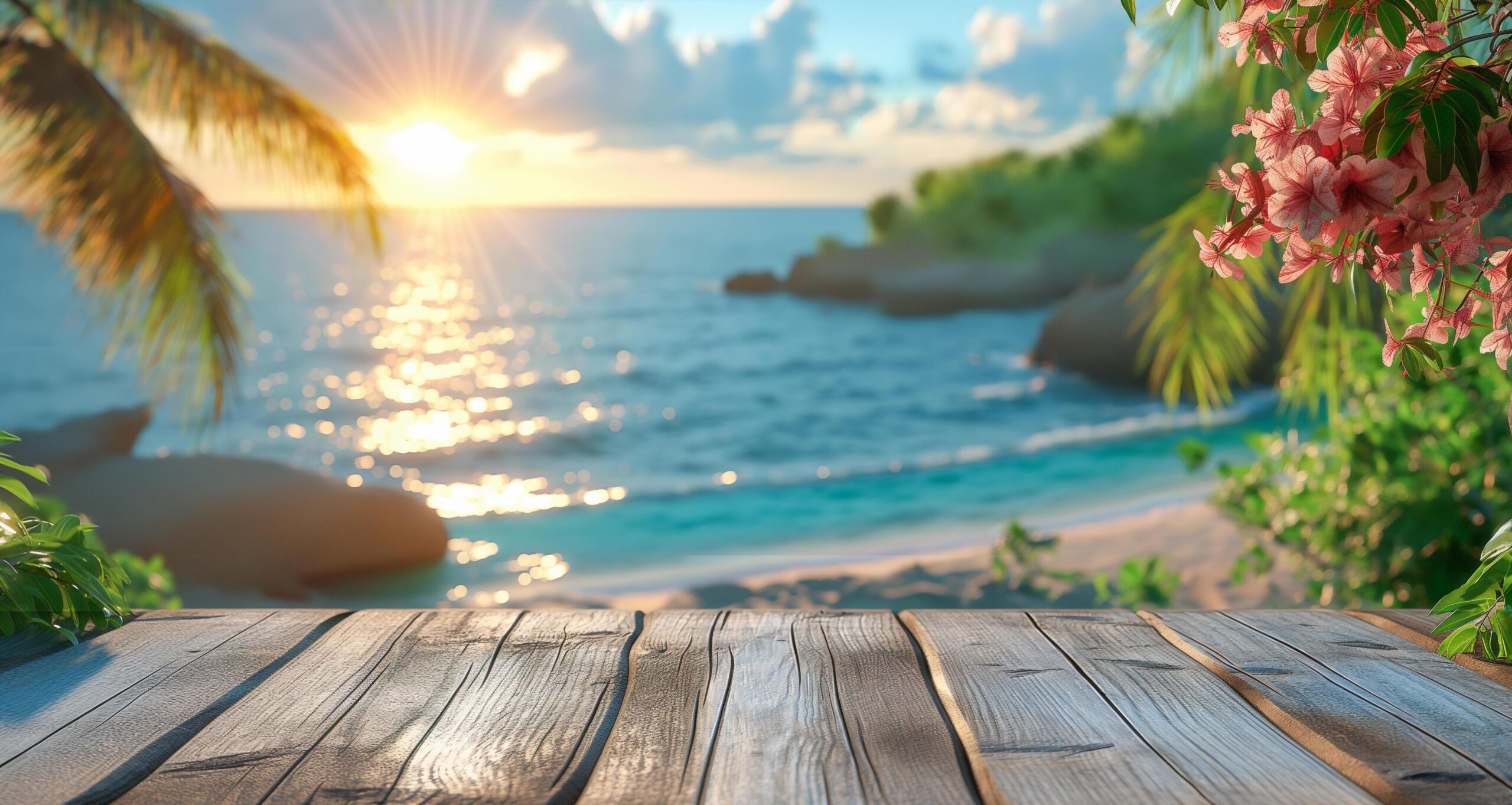 Ai-generated-wide-copy-space-on-wooden-base-with-background-of-sea-and-beach-free-photo