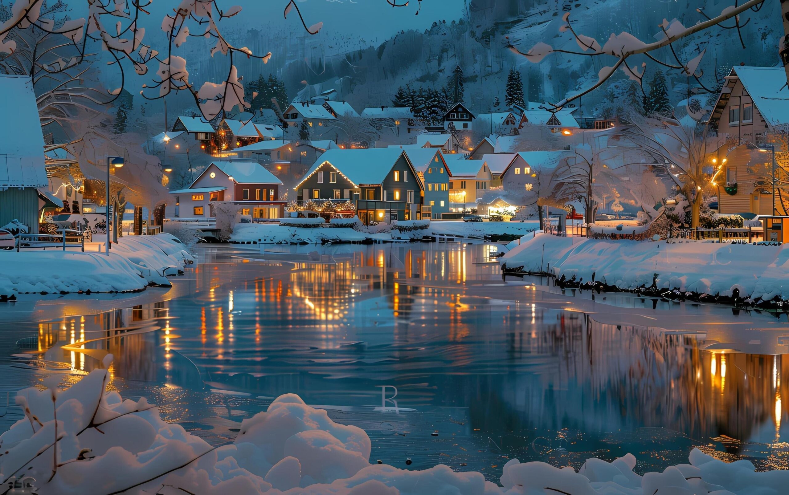 Ai-generated-winter-in-oberbarra-at-christmas-with-the-houses-lit-up-free-photo