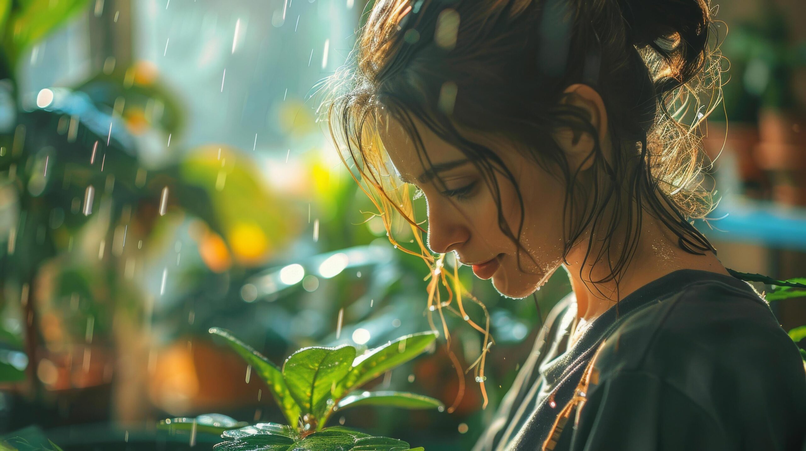 Ai-generated-woman-appreciates-the-soothing-rain-amidst-vibrant-plants-a-moment-of-connection-with-nature-s-refreshing-touch-free-photo