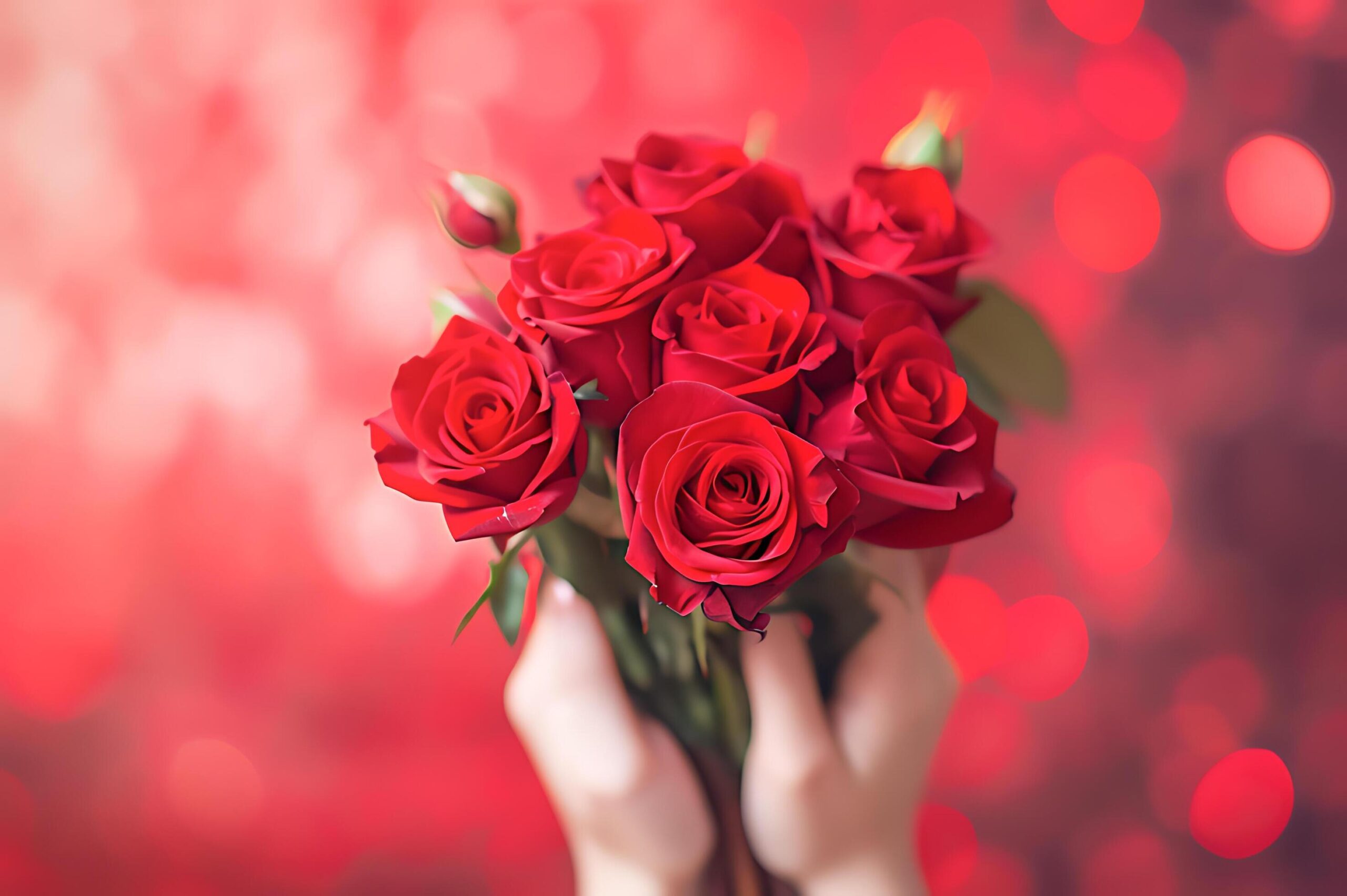 Ai-generated-woman-hands-holding-bouquet-of-red-roses-against-bokeh-background-free-photo