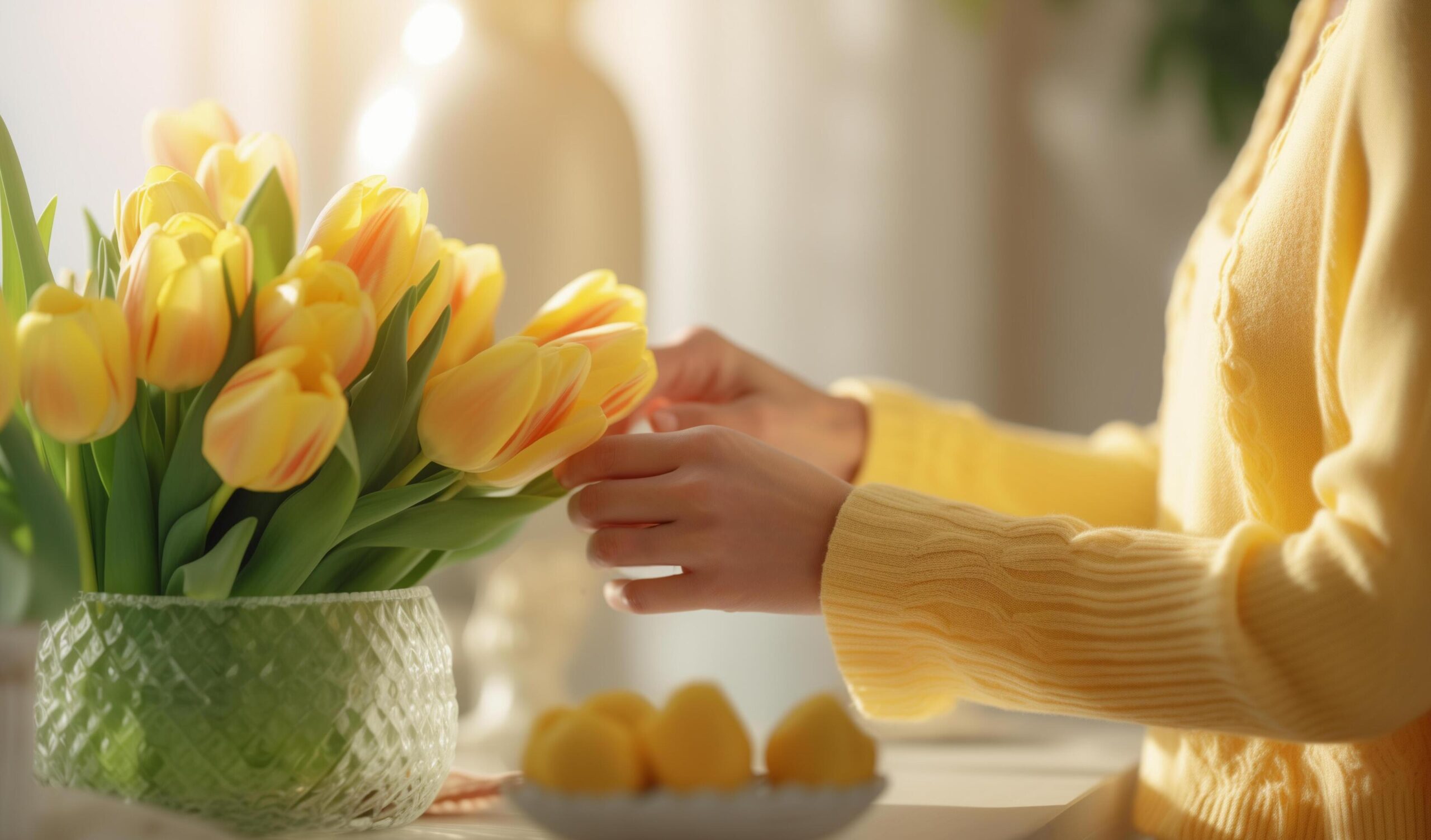 Ai-generated-woman-s-hands-arranging-yellow-tulips-in-a-vase-free-photo