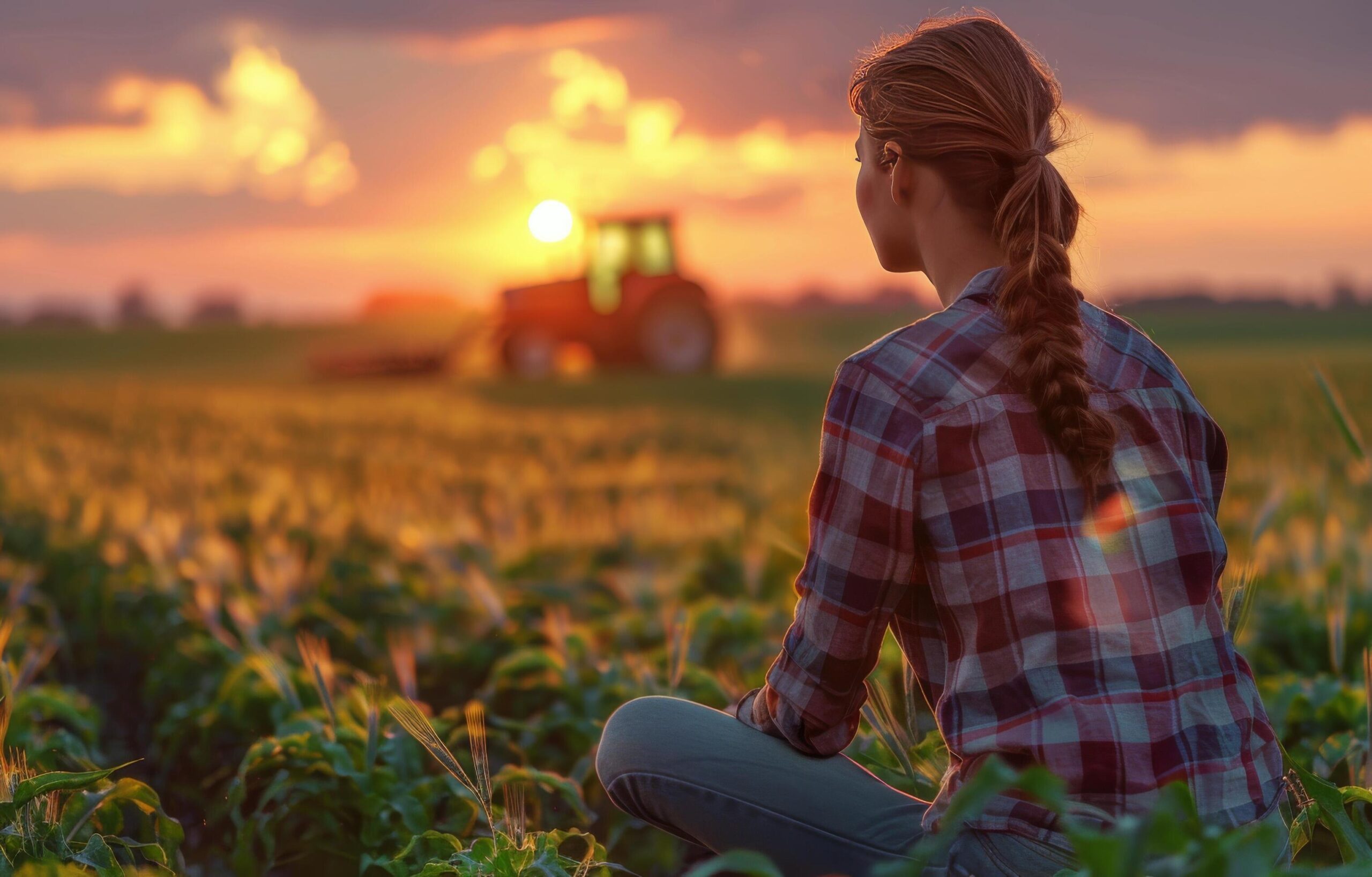 Ai-generated-woman-sitting-in-field-with-tractor-in-background-free-photo
