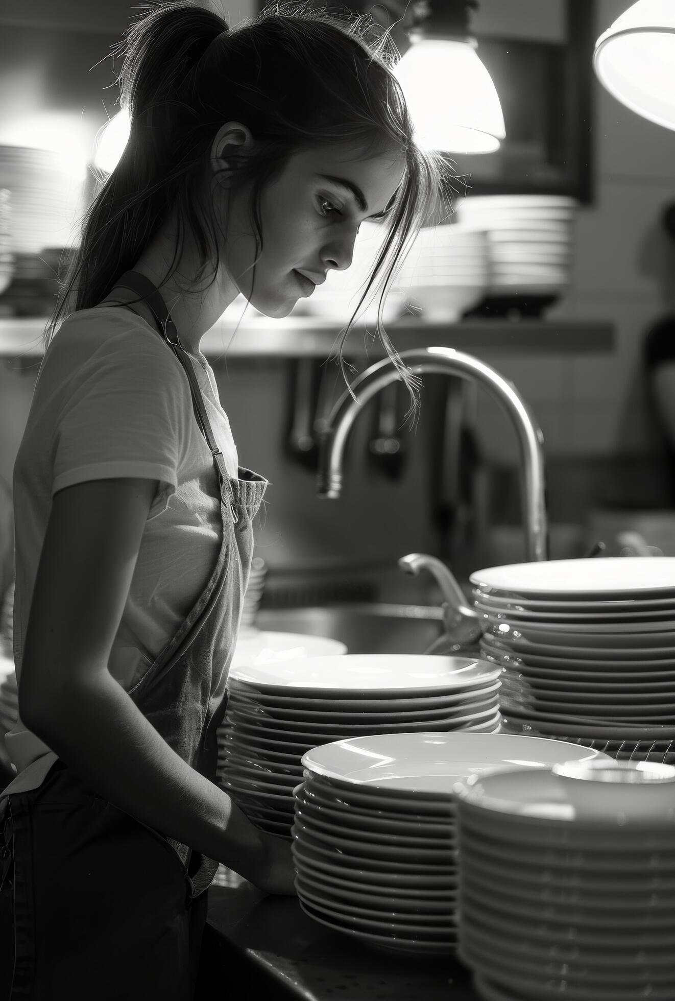 Ai-generated-woman-standing-in-kitchen-next-to-stacks-of-plates-free-photo