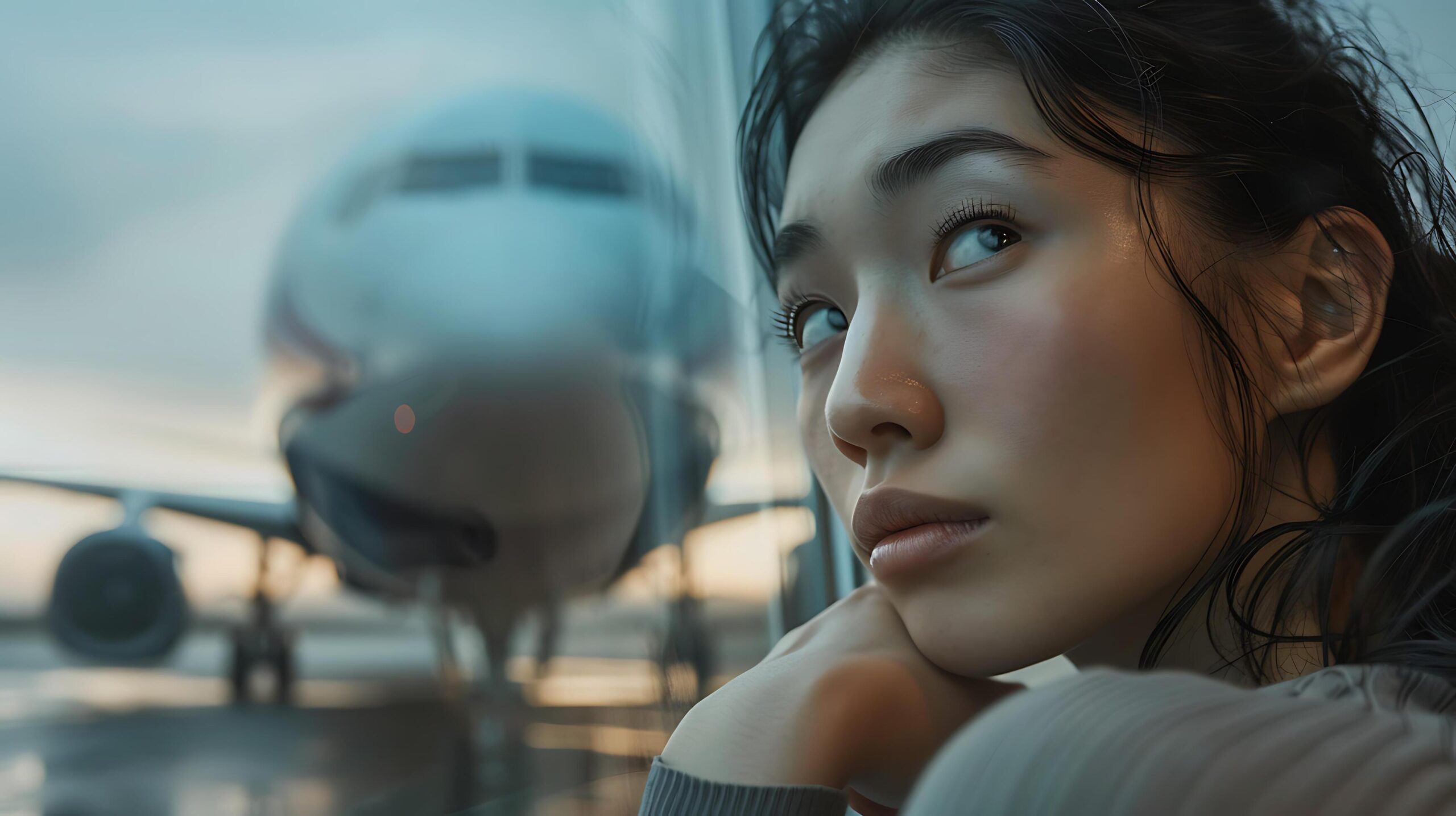 Ai-generated-woman-watches-airplane-takeoff-through-window-hand-on-glass-captured-with-50mm-lens-focus-on-face-and-background-free-photo