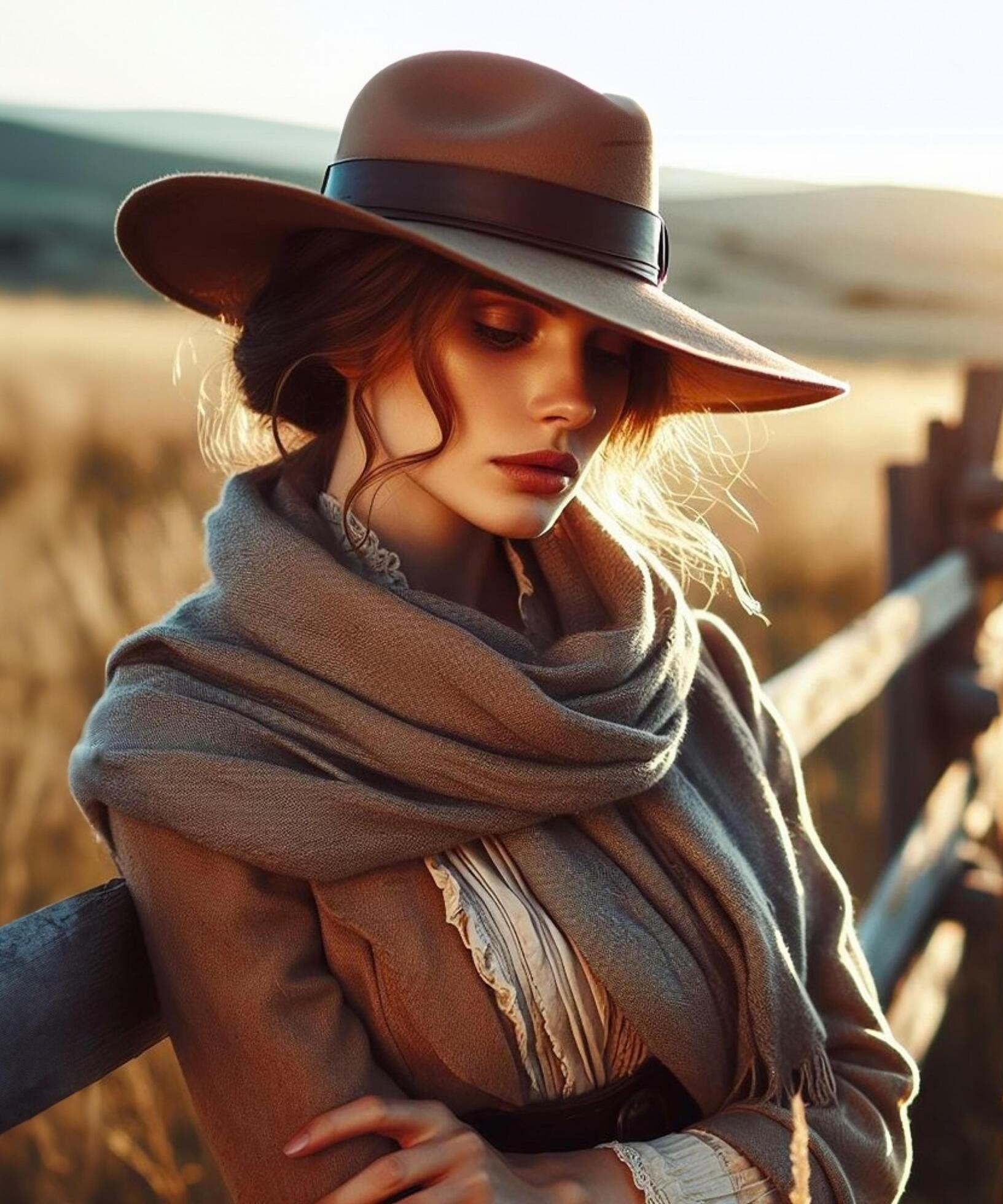 Ai-generated-woman-with-prairie-hat-and-scarf-leaning-on-fence-exudes-serenity-free-photo