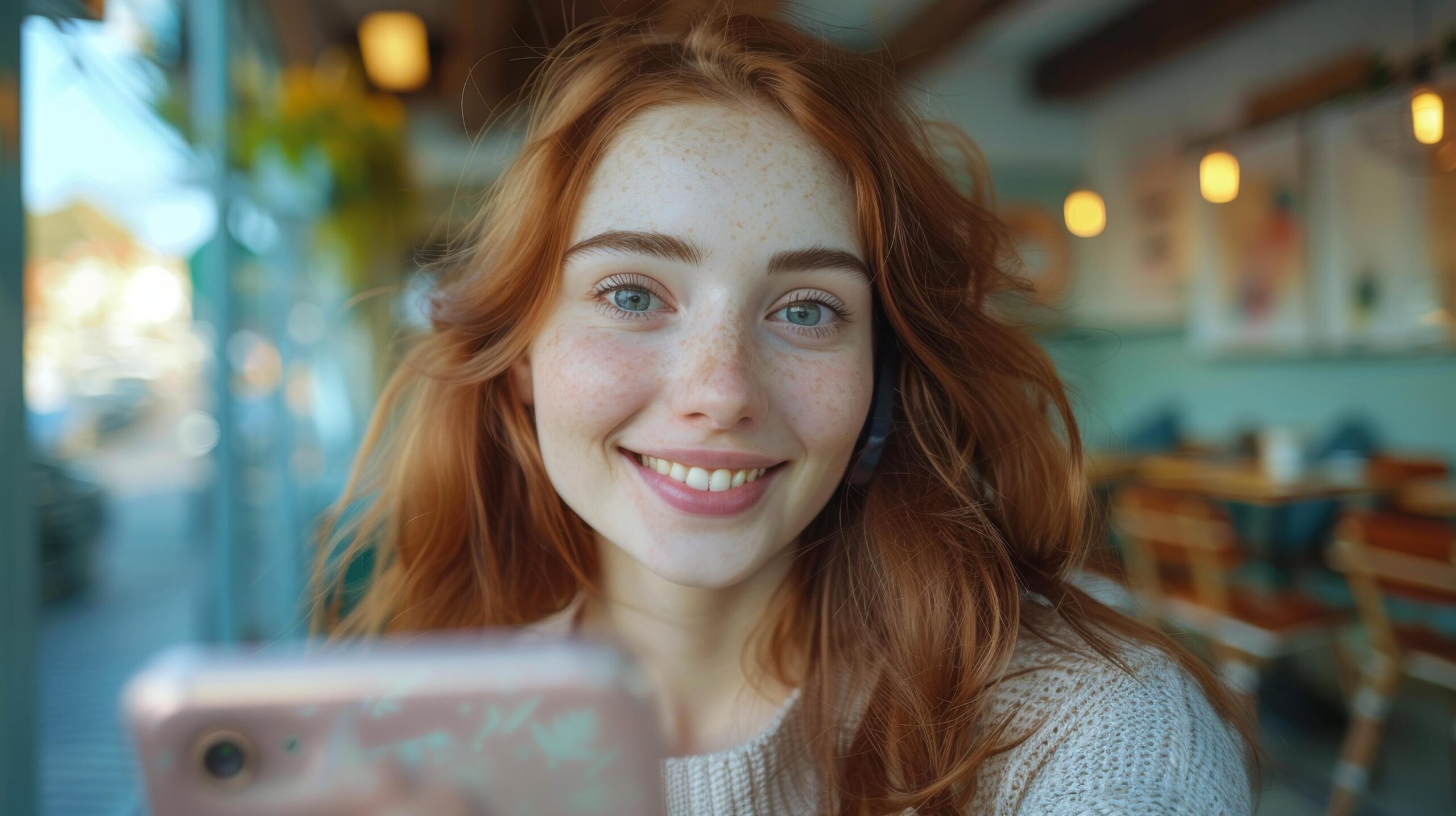 Ai-generated-woman-with-red-hair-looking-at-cell-phone-free-photo