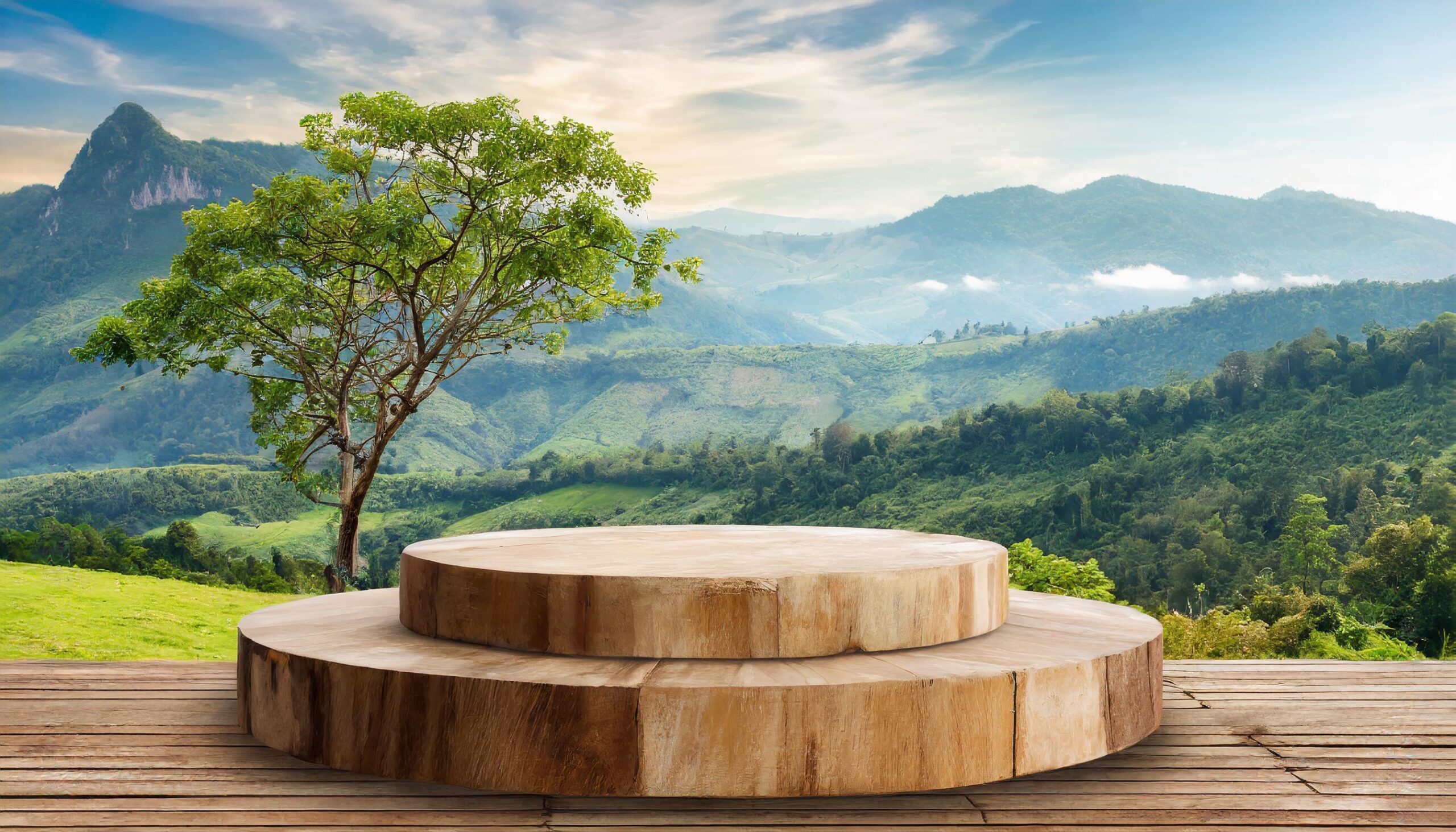 Ai-generated-wood-podium-mockup-with-mountain-view-background-photo