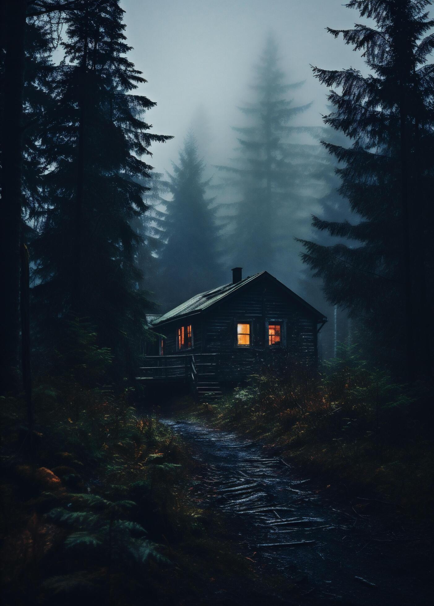 Ai-generated-wooden-cottage-in-the-foggy-forest-at-night-free-photo