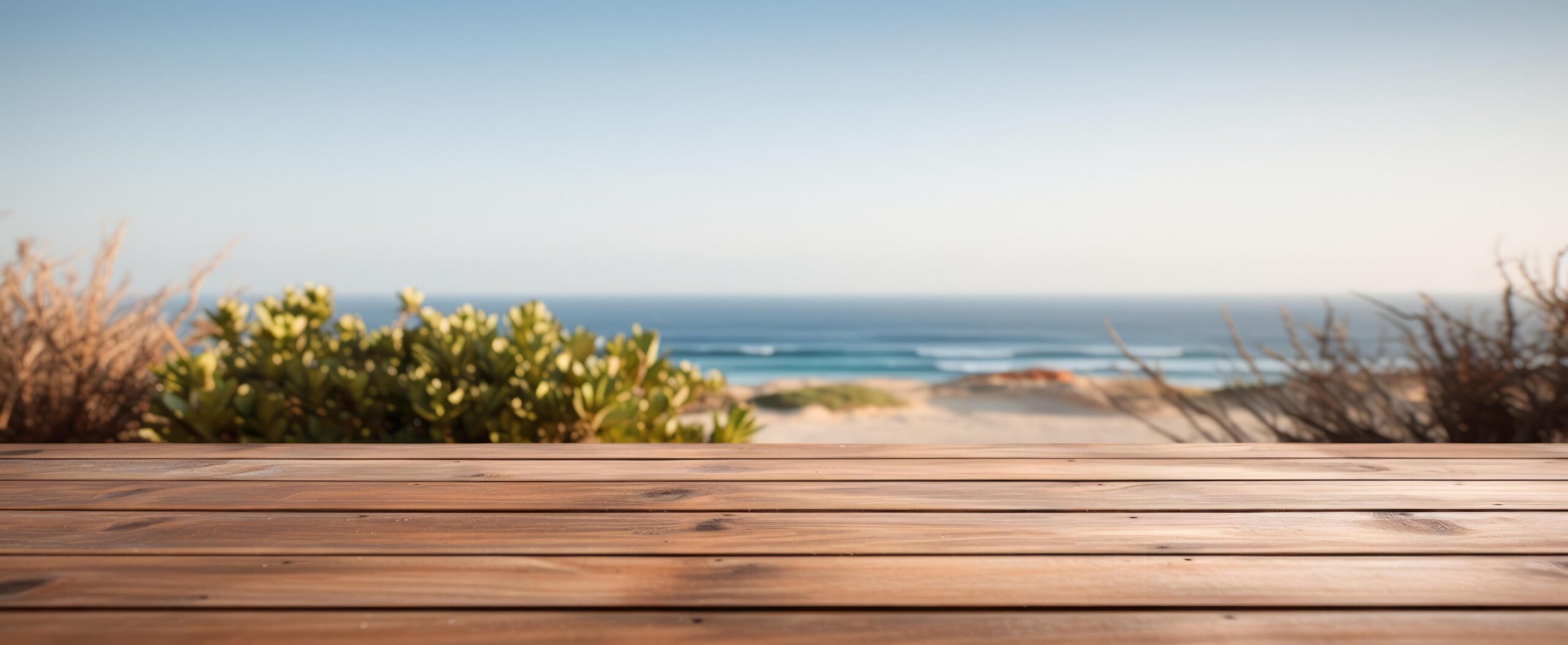 Ai-generated-wooden-table-with-a-blurry-ocean-view-free-photo