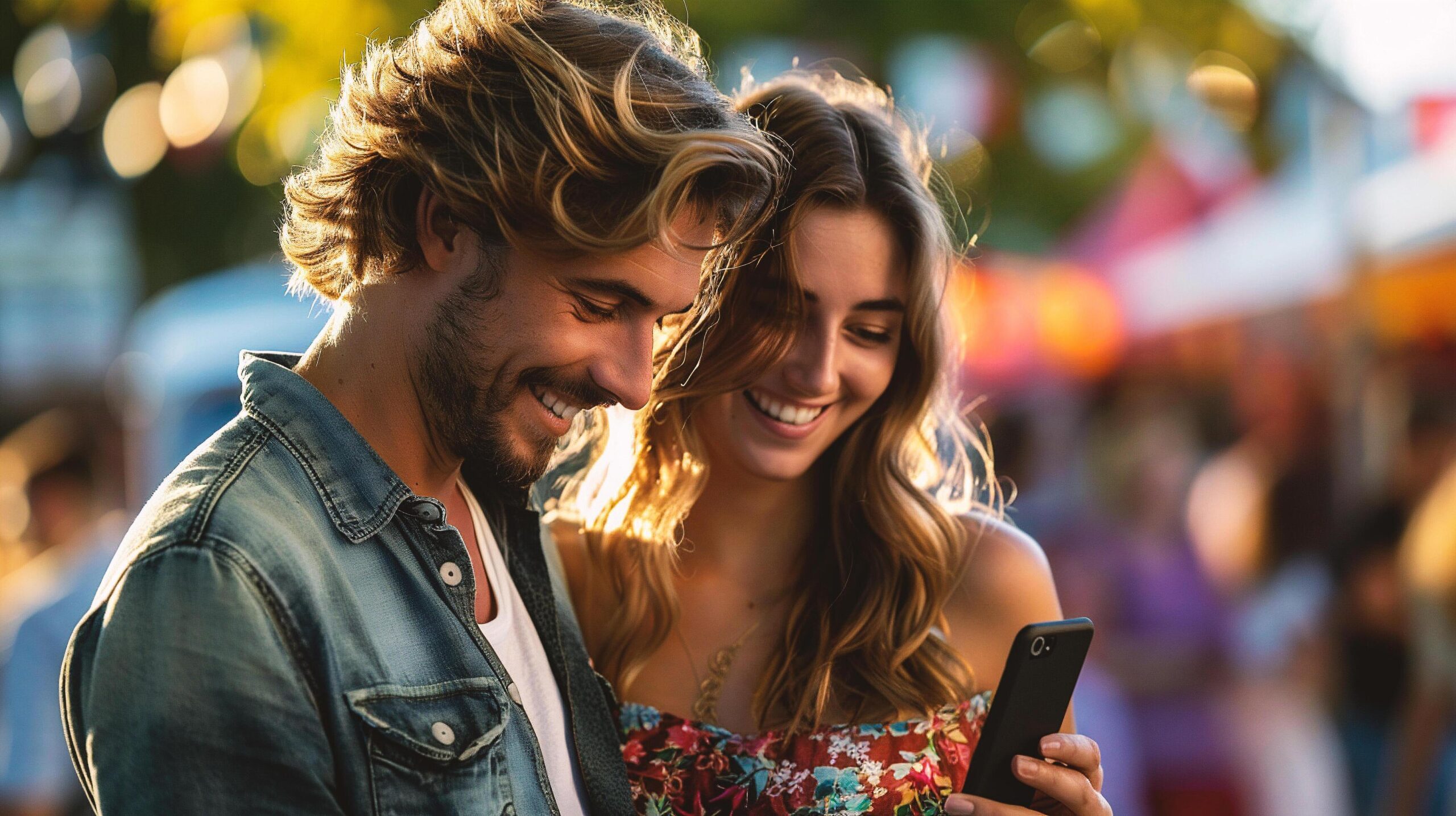 Ai-generated-young-couple-using-mobile-phone-in-the-street-smiling-young-man-and-woman-using-smartphone-free-photo