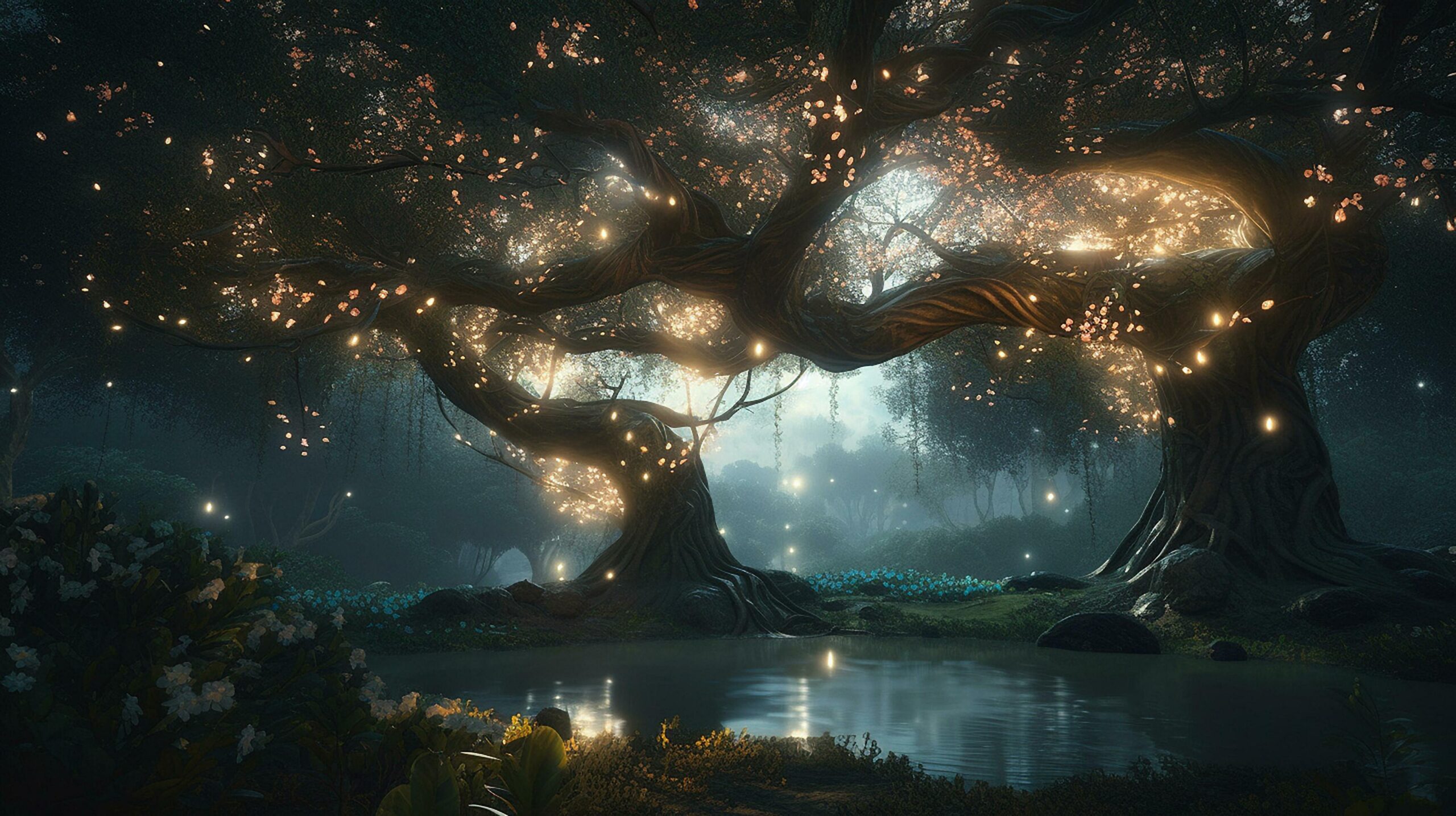 Ava-tree-forest-electric-flowers-wallpaper-ai-generated-image-free-photo