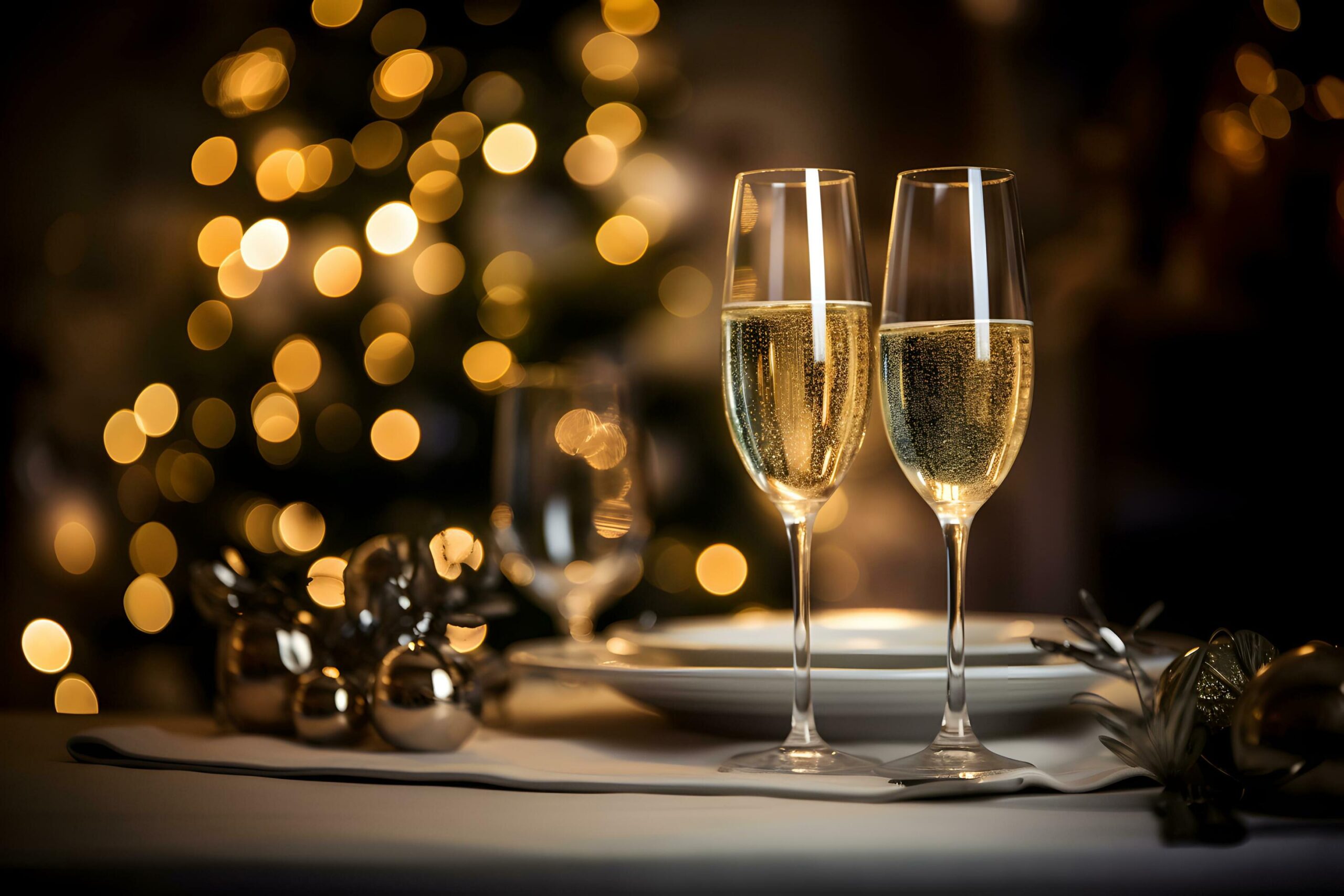 Champagne-glasses-on-festive-table-with-gold-glowing-bokeh-background-celebration-background-with-sparkling-wine-ai-generative-free-photo
