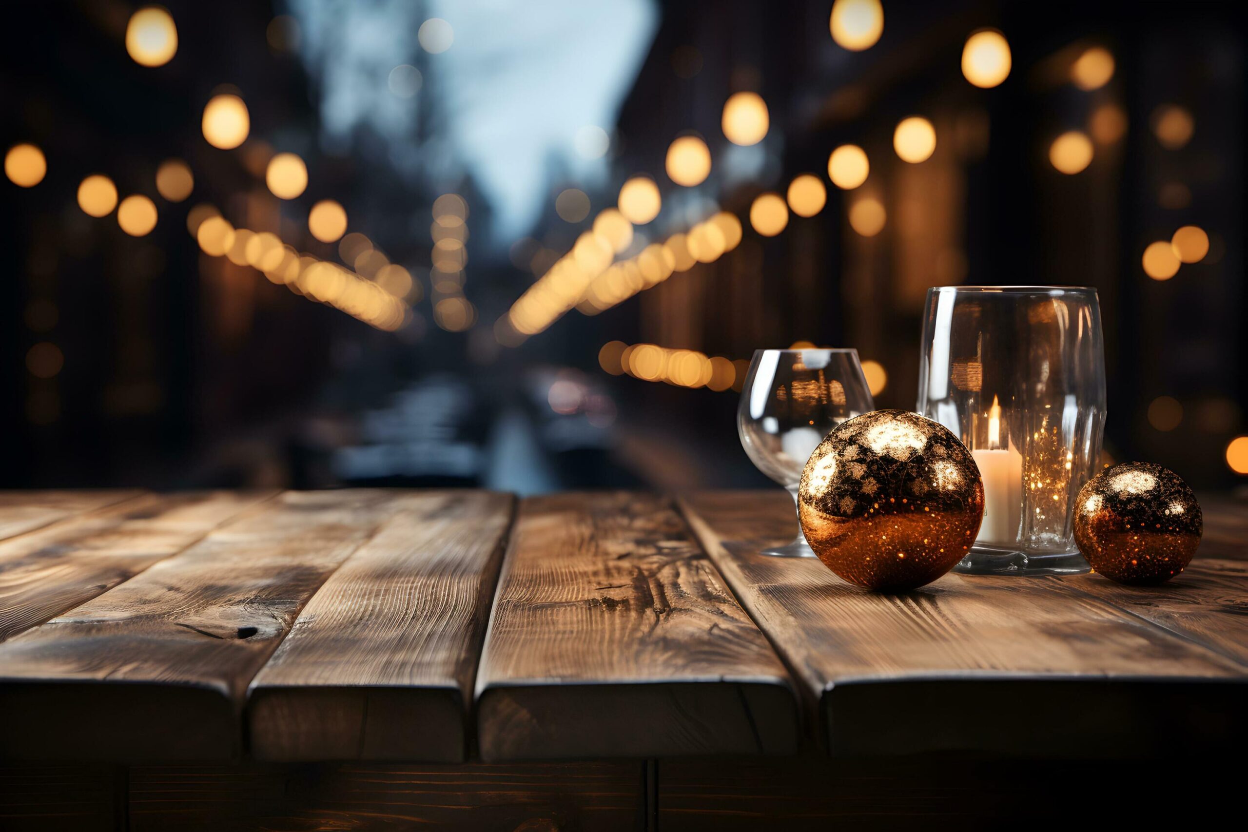 Christmas-wooden-table-mockup-with-candles-glasses-balls-and-lights-background-festive-template-banner-with-creative-bauble-decoration-and-copy-space-ai-generative-free-photo