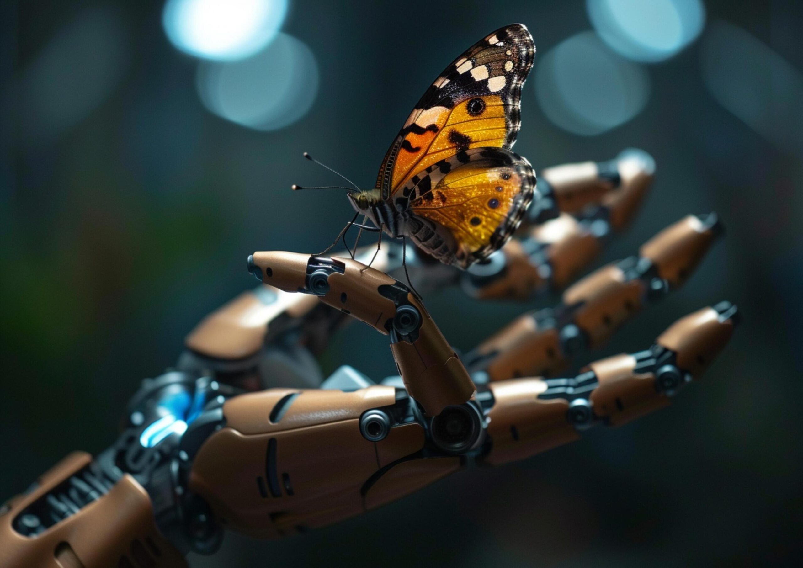 Close-up-of-a-metallic-robot-hand-with-a-colorful-butterfly-on-the-palm-generated-by-ai-free-photo