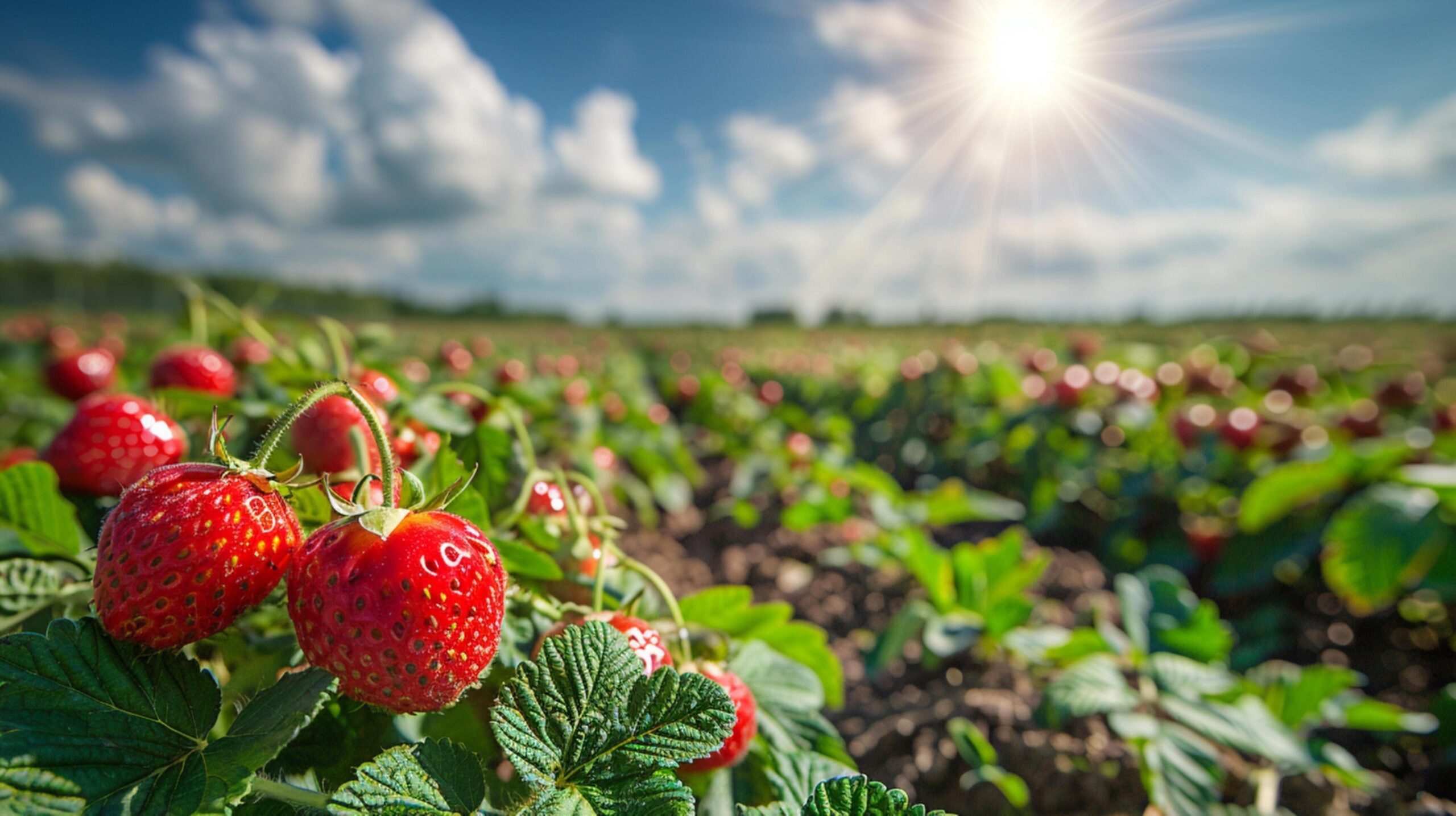 Close-up-of-strawberries-growing-in-an-strawberries-grove-under-bright-sun-and-blue-sky-generated-by-ai-free-photo