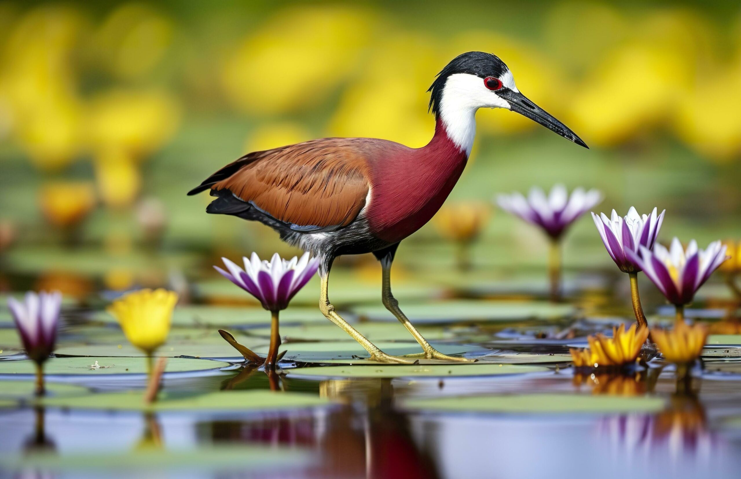 Colorful-african-wader-with-long-toes-next-to-violet-water-lily-in-water-generative-ai-free-photo