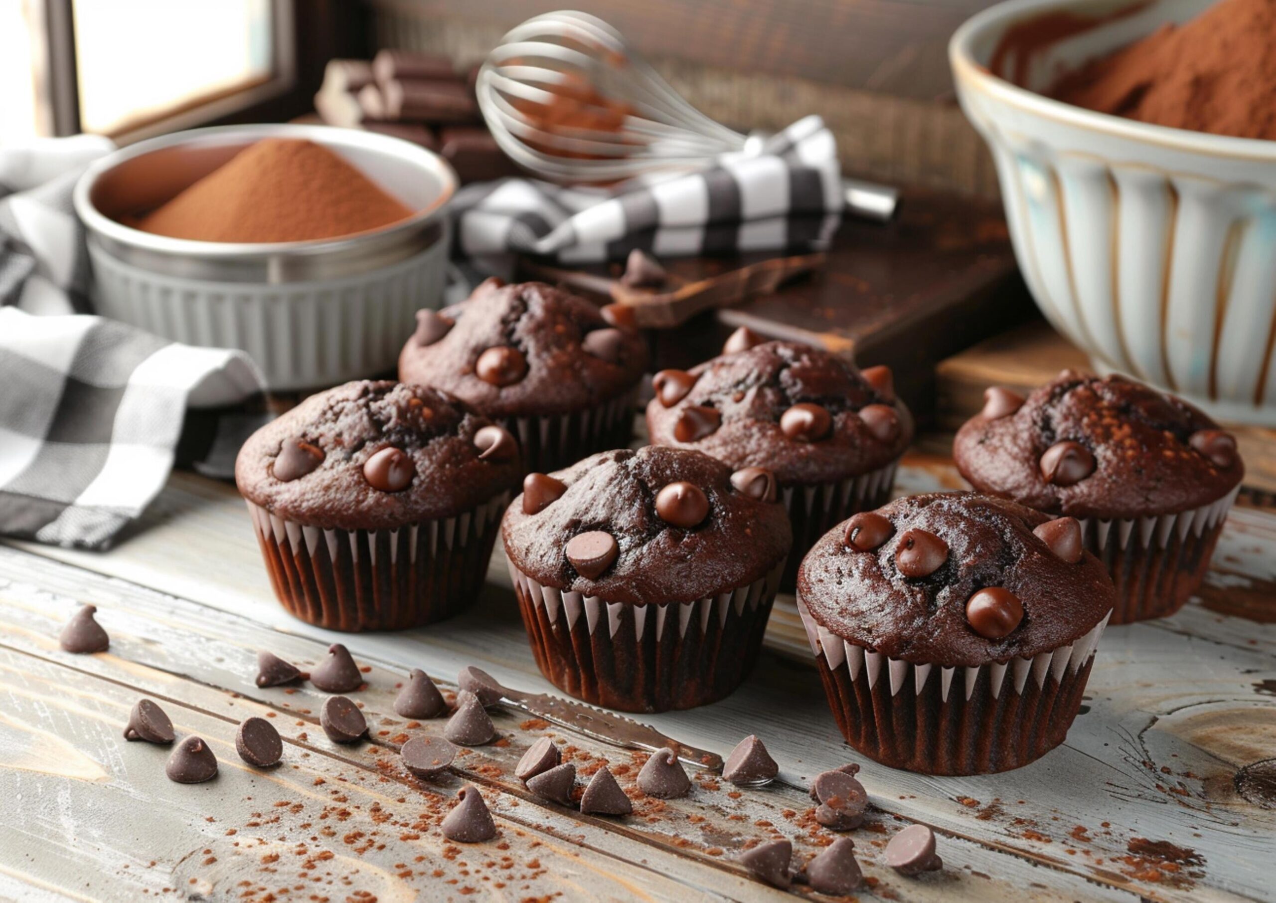 Double-chocolate-chip-muffins-on-a-wood-table-generated-by-ai-free-photo