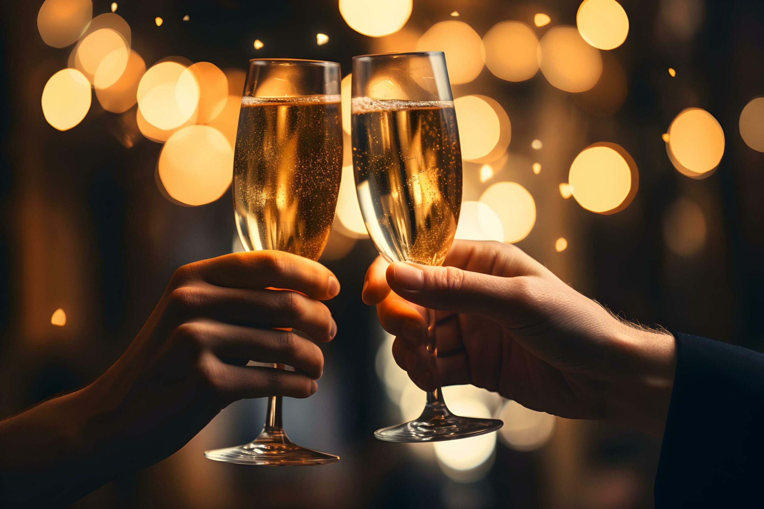 Hands-of-young-couple-holding-champagne-glasses-on-festive-gold-glowing-bokeh-background-celebration-background-with-sparkling-wine-ai-generative-free-photo