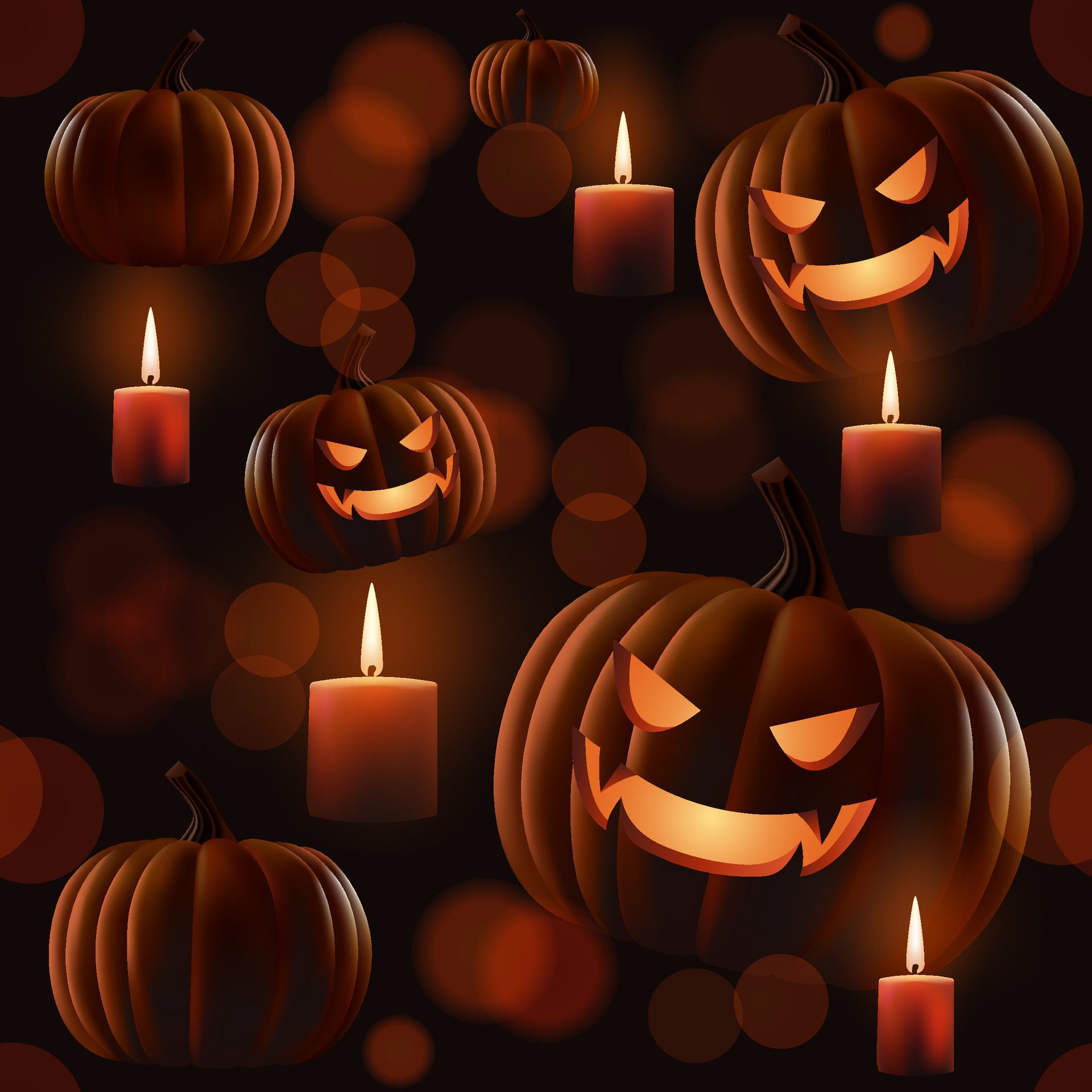 Happy-halloween-realistic-seamless-pattern-a-spooky-candlelight-scene-featuring-a-glowing-pumpkin-lantern-defocused-bokeh-perfect-for-holiday-decorations-and-backgrounds-not-ai-generated-free-vector
