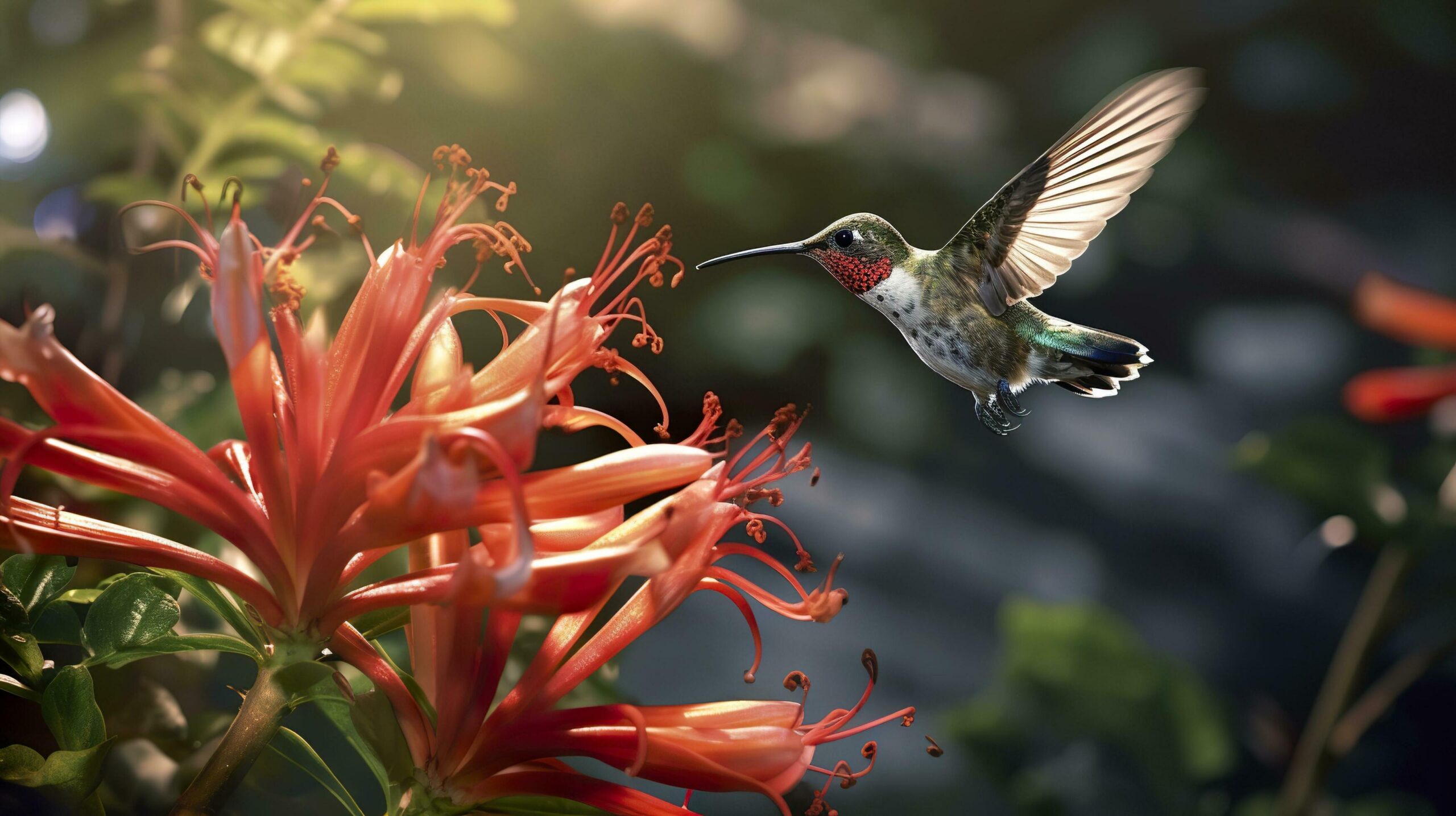 Hummingbird-flying-to-pick-up-nectar-from-a-beautiful-flower-digital-artwork-ai-generative-free-photo
