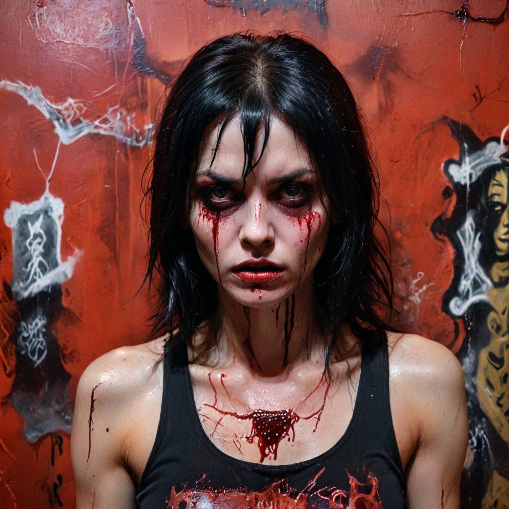 Half body, an eerie close-up shot of a decomposing woman with straight black hair looking at the camera, wearing a tank top, emotive expressions, barely visible in the dim blood-red light, the walls are adorned with demonic iconography and disturbing graffiti, masterpiece, 4k, ultra detailed, sharp focus, (bloody, (dripping sticky liquid) )