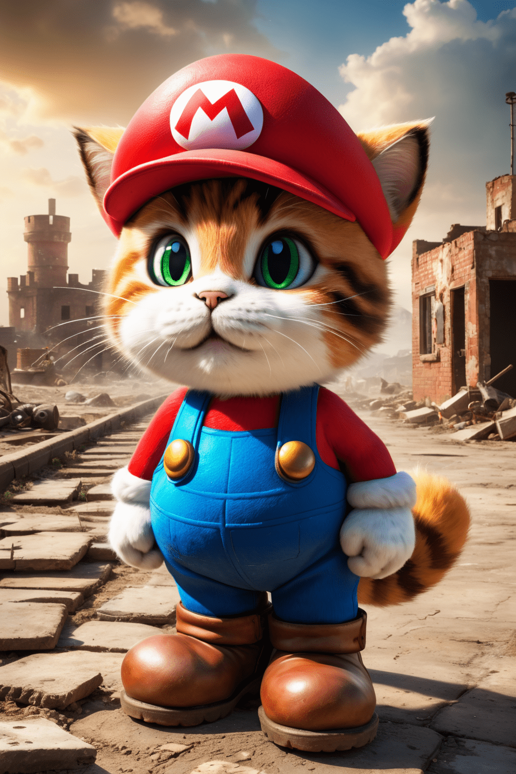 (masterpiece:1. 5) , raw photo, film grain, (best quality:1. 5) , (photorealistic) , realistic, real picture, intricate details, photo of full body a cute cat in a super mario bros dress, (wastelands background)