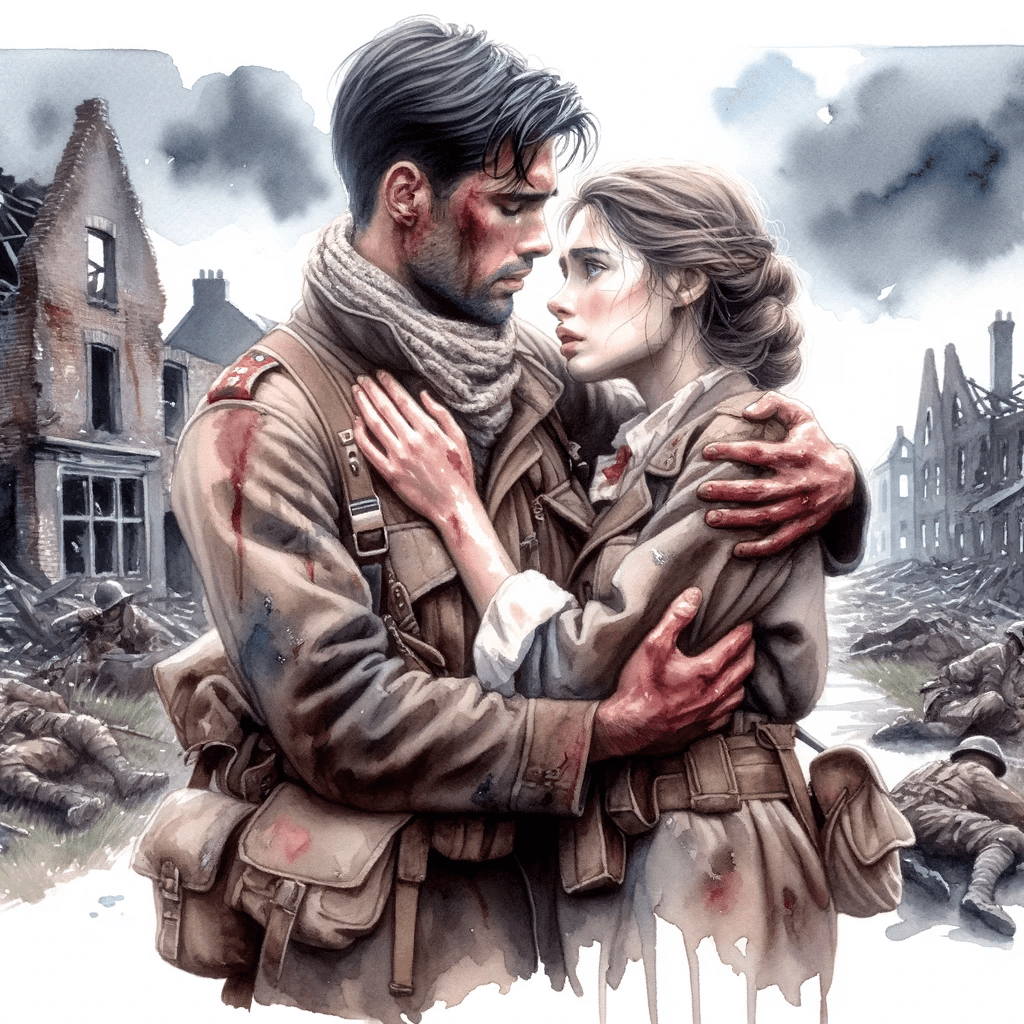 Watercolor scene of a male soldier, his attire stained with signs of combat, holding a female defender with care. Their shared gaze reveals intense feelings, while the background displays destroyed houses, hinting at the aftermath of a battle.