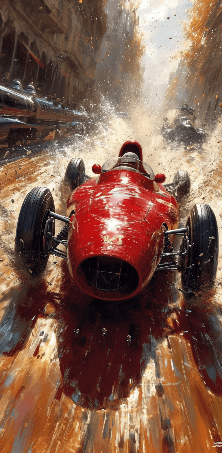 Red race car, in the style of sam spratt, historical illustrations, old masters, genndy tartakovsky, soggy, masaccio, monochromatic realism --ar 63:128 --stylize 750 --v 6