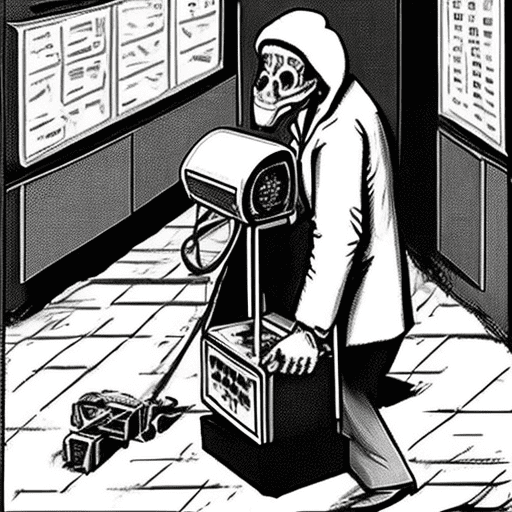 A funny image of a thief stealing a portable x-ray equipment