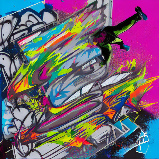 Action parkour-inspired action; acrobatic jumping between buildings; abstract art with vibrant splatters and drips with bold bright accents, superimposed on a urban street background. Urban graffiti style, dynamic composition, street art influences, mixed media. Recognizable parkour elements; acrobatic and urban elements incorporated, with enhanced dynamic movement.