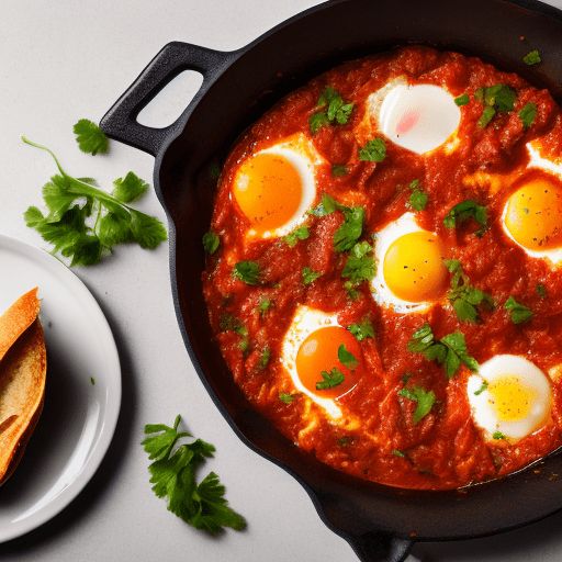 Food photography, shakshuka, top view, in a luxurious michelin kitchen style, studio lighting, depth of field, ultra detailed --q 1