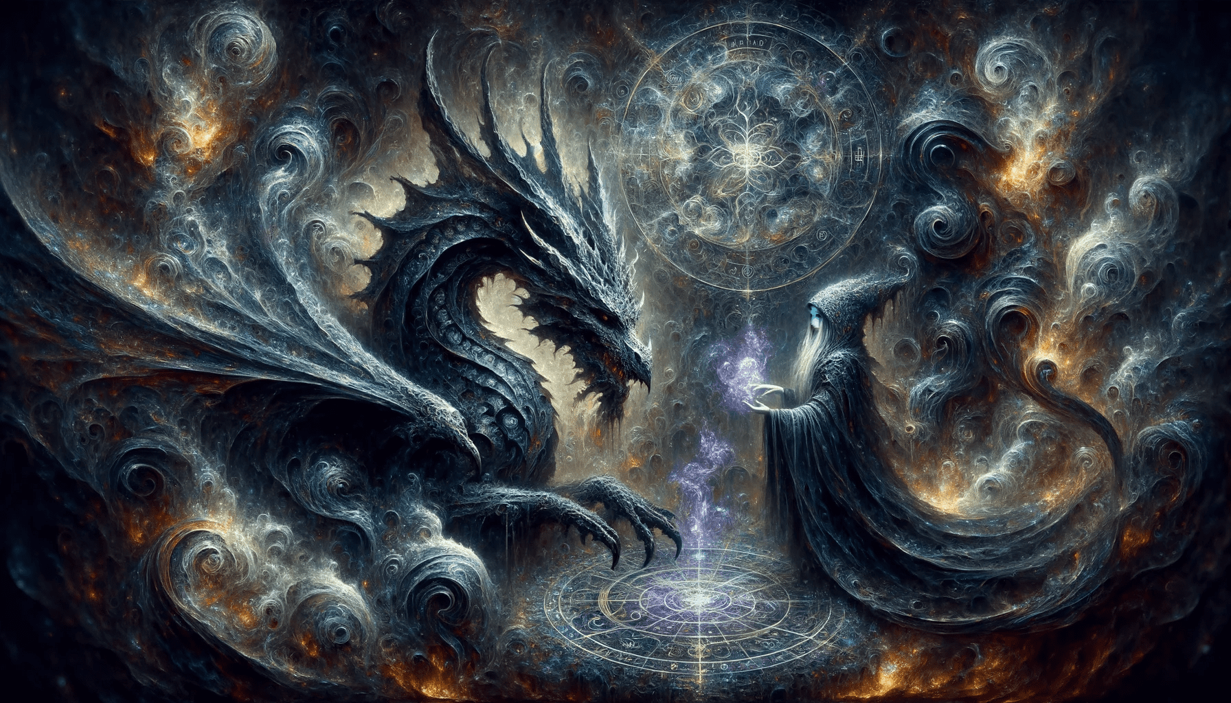 Imagine an abstract and symbolic representation of 'demonic' without depicting violence or gore. Visualize a scene with a dragon and its queen, where the dragon represents a mystical guardian of hidden knowledge, and the queen is a sorceress of ancient secrets. The dragon's scales are like dark crystals, reflecting a mysterious energy. The queen, draped in robes that seem to be woven from shadows and whispers, exudes an aura of enigmatic power. They are surrounded by arcane symbols and ethereal flames that dance around them, casting an otherworldly glow. This painting captures the essence of the unknown and the allure of forbidden wisdom, all rendered in ultra-high 8k resolution to highlight the intricate details of this arcane realm. Robiness. Masterprompter.