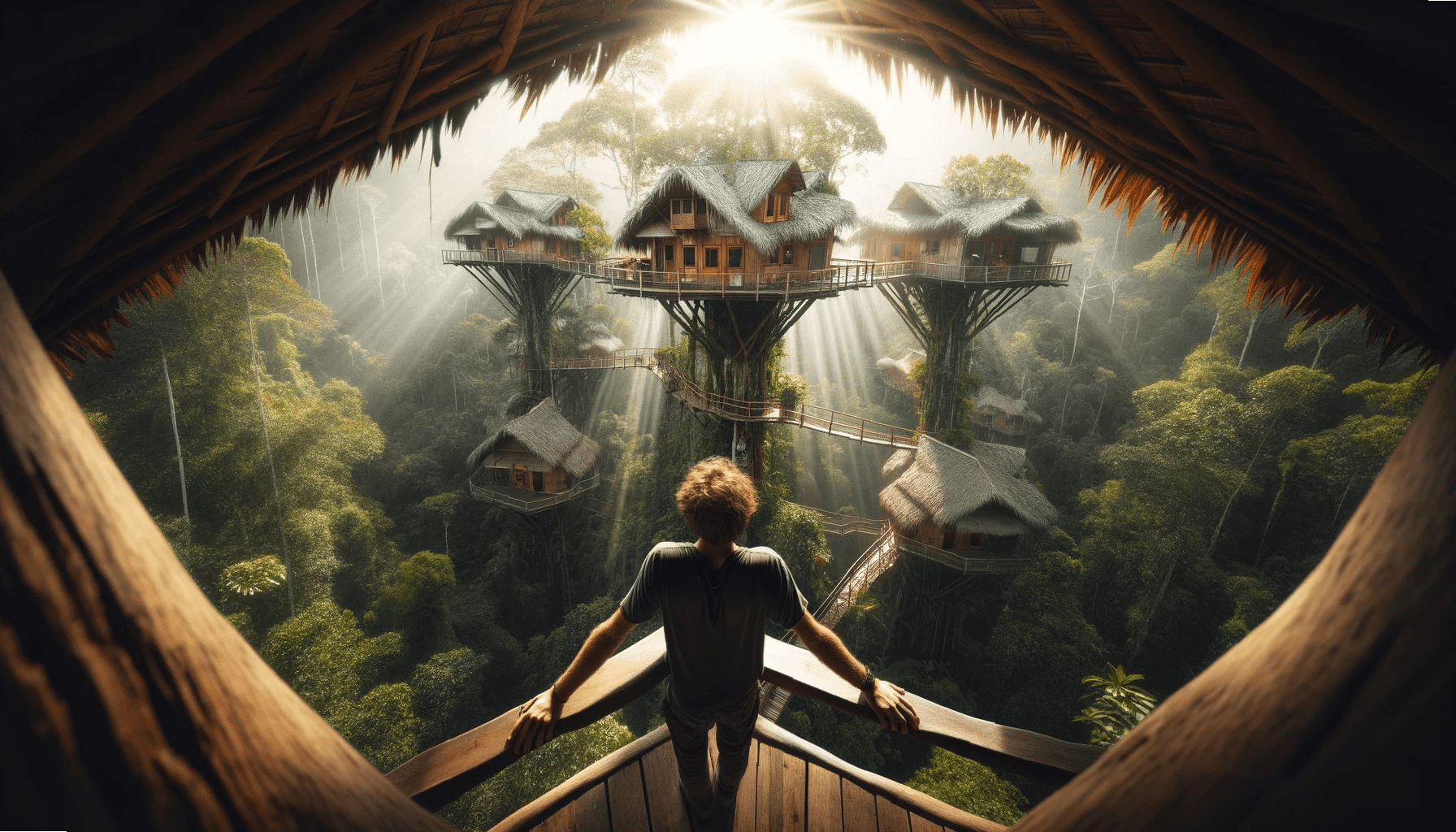 A raw photograph capturing a sustainable treehouse community nestled in a dense rainforest. The view is centered and taken from afar, showcasing the impressive and enormous treehouses on a sunny day, with delicate rays of light filtering through the hot, humid air. The perspective is from the viewer's point of view, standing on one of the treehouses, leaning on a wooden railing. The viewer's hands are visible on the railing, adding to the immersive experience. The surrounding jungle is lush and vibrant, with the treehouses blending seamlessly into the environment.