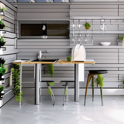 A small kitchen with a gray kitchen set, light floor, gray wooden walls, with a round table in the middle of the kitchen, with green plants in flower pots, in the style of minimalism, hi-tech, interior design