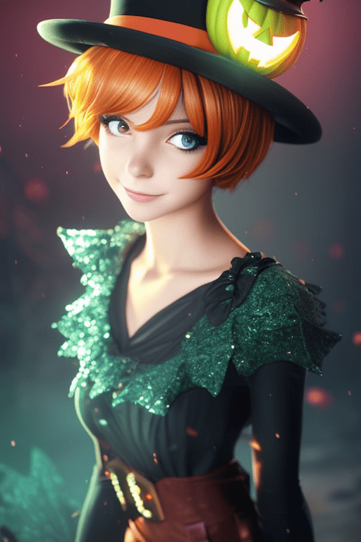 The personification of the halloween holiday in the form of a cute girl with short hair and a villain's smile, (((cute girl) ))cute hats, cute cheeks, unreal engine, highly detailed, artgerm digital illustration, woo tooth, studio ghibli, deviantart, sharp focus, artstation, by alexei vinogradov bakery, sweets, emerald eyes