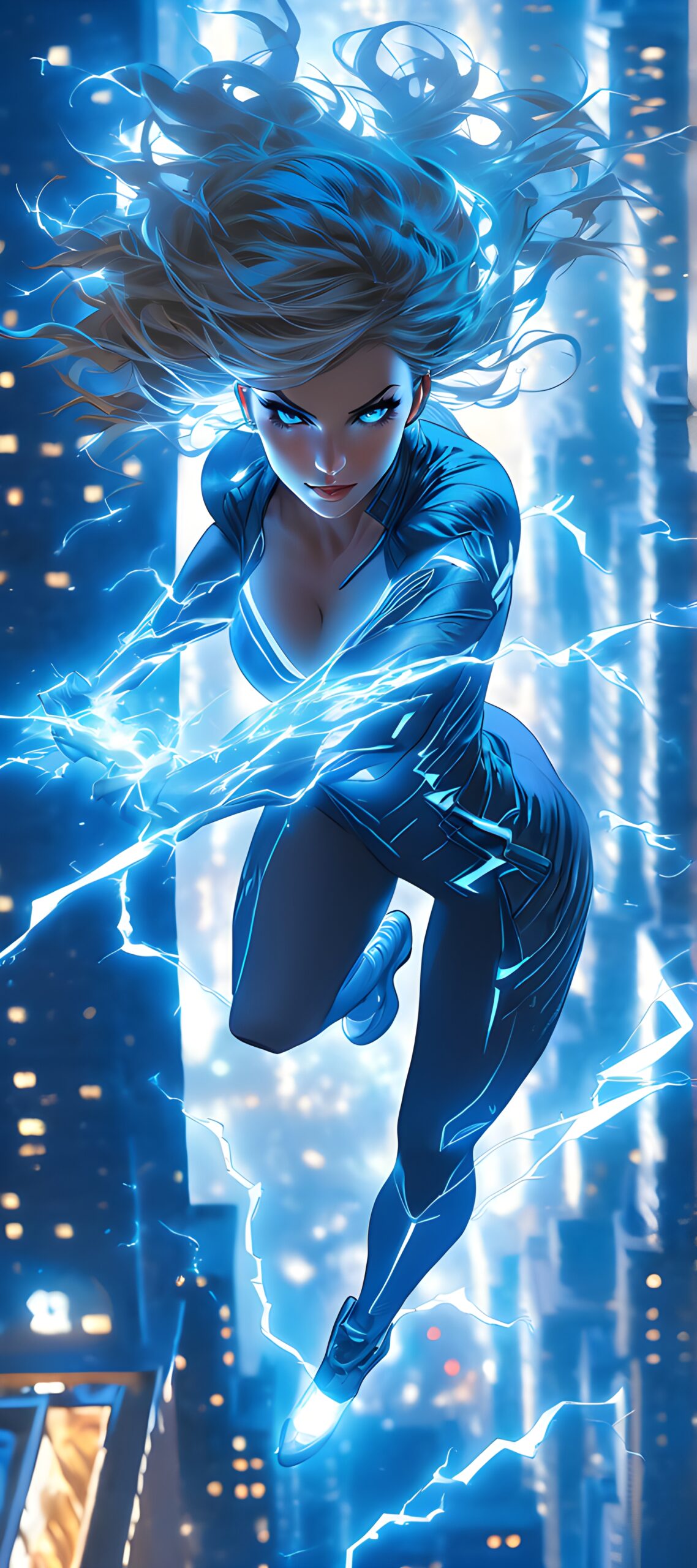 Amazing lightingbolt woman, blue color, she run on the empty street, luminous, reflective, hyper detailed, trending on artstation, intricate details, highly detailed, background big city with skyscrapers at night, super detail, ultra realistic, cinematic lighting, amazing, best color, perfect image high flying aerial top down view, photorealistic, a sprawling cityscape emerges, adorned with towering skyscrapers, photograph, advanced technology and bustling activity create a sense of awe and wonder, at night, super detail, ultra realistic, cinematic lighting, amazing, best color, perfect image perspective, by damshelma
