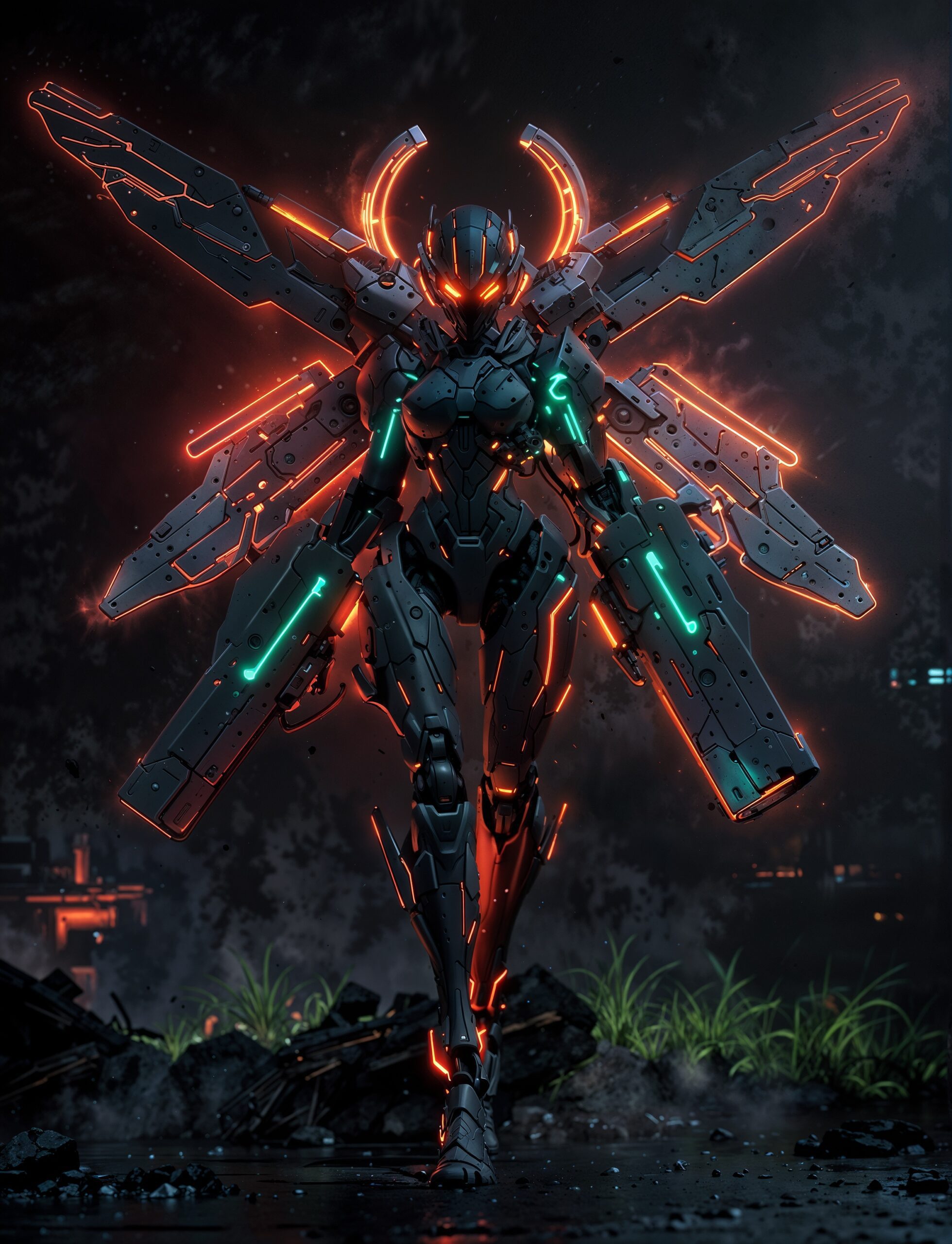 3d rendering, robot, front view, upper-body, (full body) ), neon glow with deep orange and green, gaze, glistening eyes, isolated on a black backdrop, mecha wings, transparent shimmer, sci-fi-laser (arm-gun) , dramatic lighting, deep contrast, low-key, emphasis on texture and contrast, rtx shader, unreal engine 5, complex, hyper realism, many details