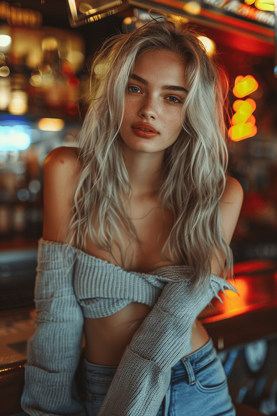 A beautiful woman with long silver hair, wearing an off-the-shoulder sweater and jeans leaning on the bar counter in the club at night, smiling slightly, hyperrealistic, with detailed facial features, soft lighting, blurred background of neon lights, high resolution. --ar 73:110 --stylize 750