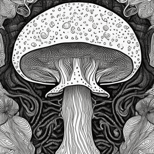 Coloring book image of a female magic mushroom creature, 8k, intricate detail, black and white digital art, lot of white, portrait